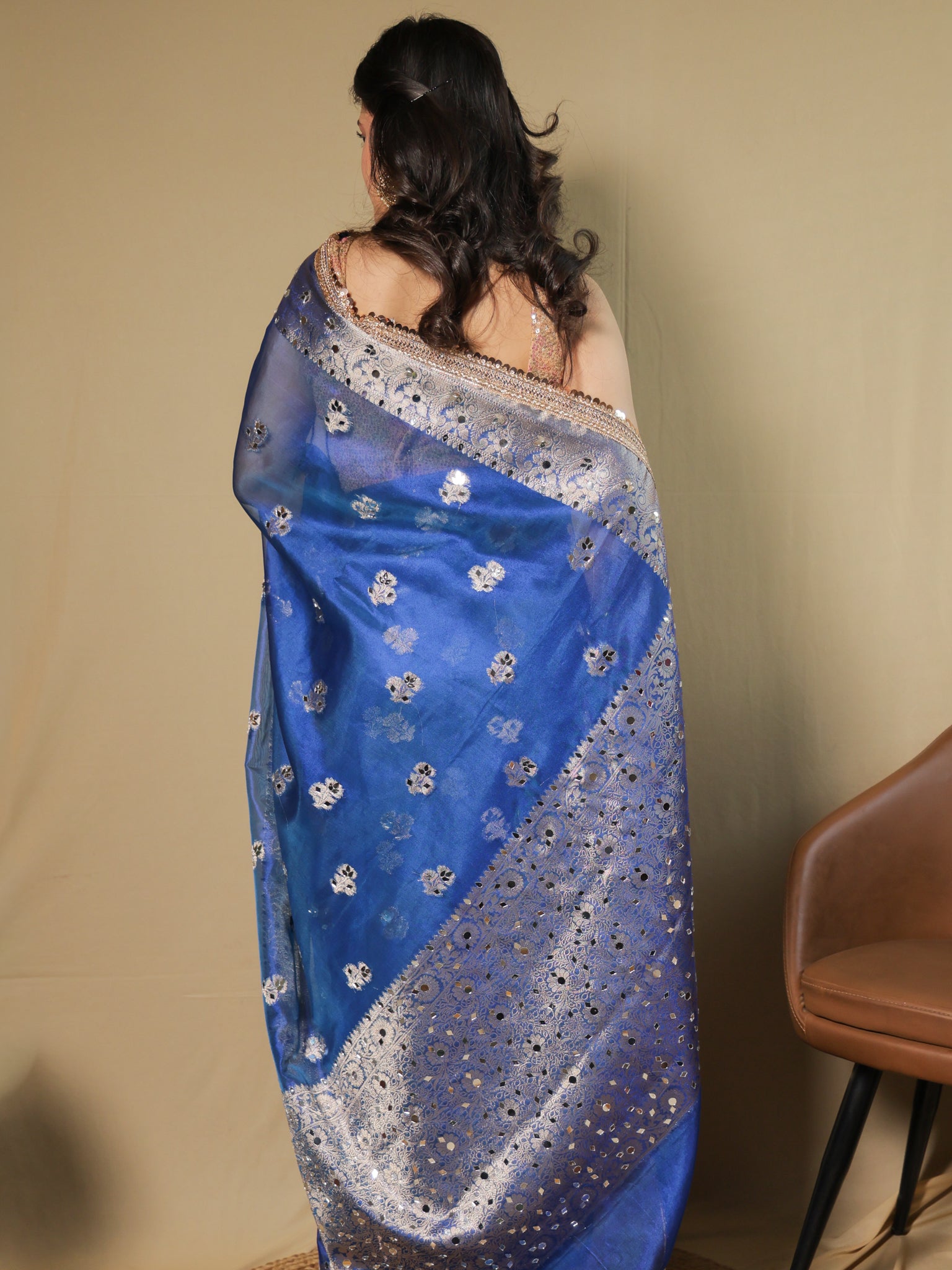 Banarasi Tissue Saree With Mirror Work & Lace Border- Blue
