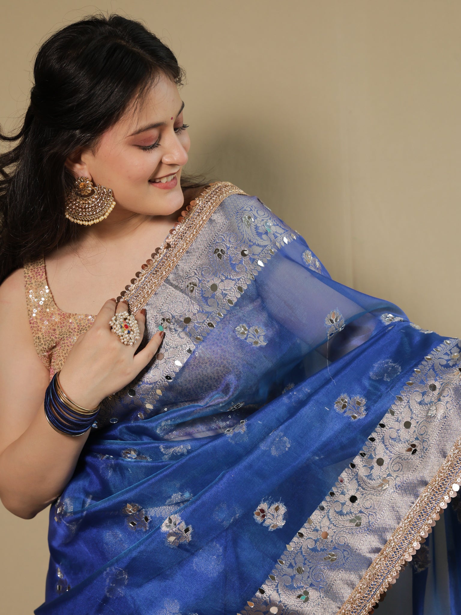 Banarasi Tissue Saree With Mirror Work & Lace Border- Blue