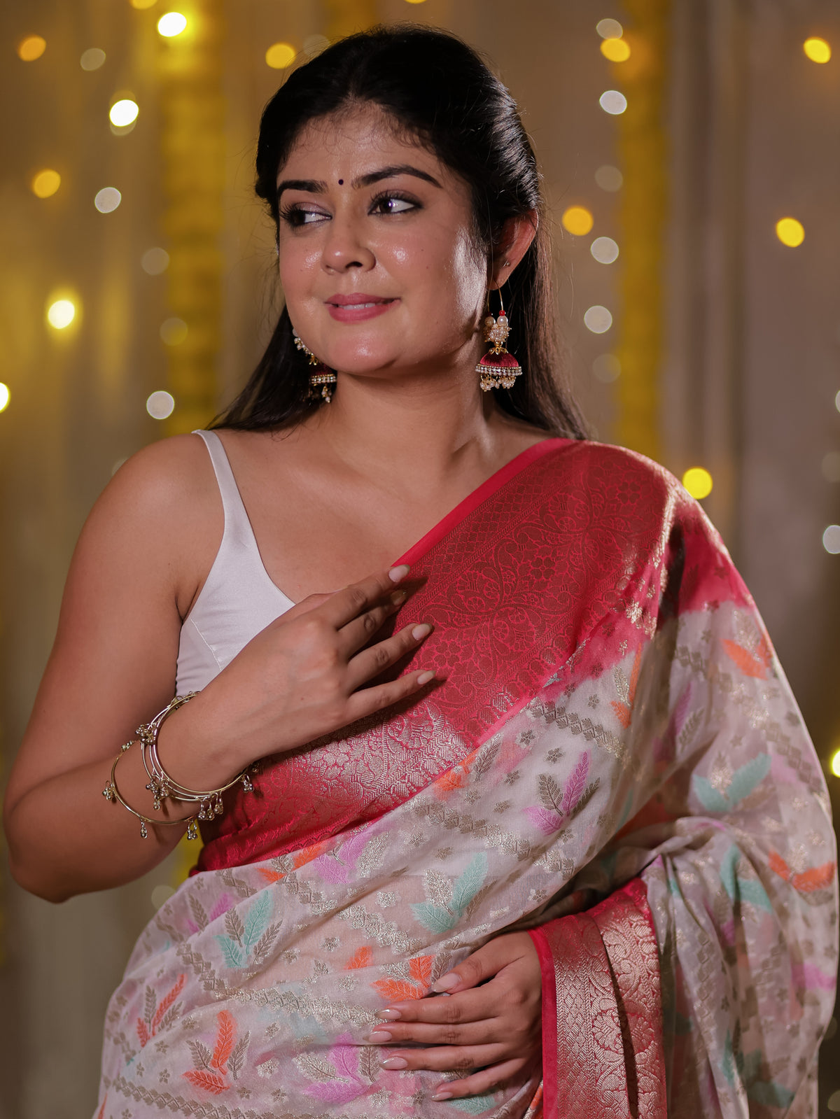 Banarasi Cotton Silk Saree with Zari Weaving & Contrast Border- White & Red