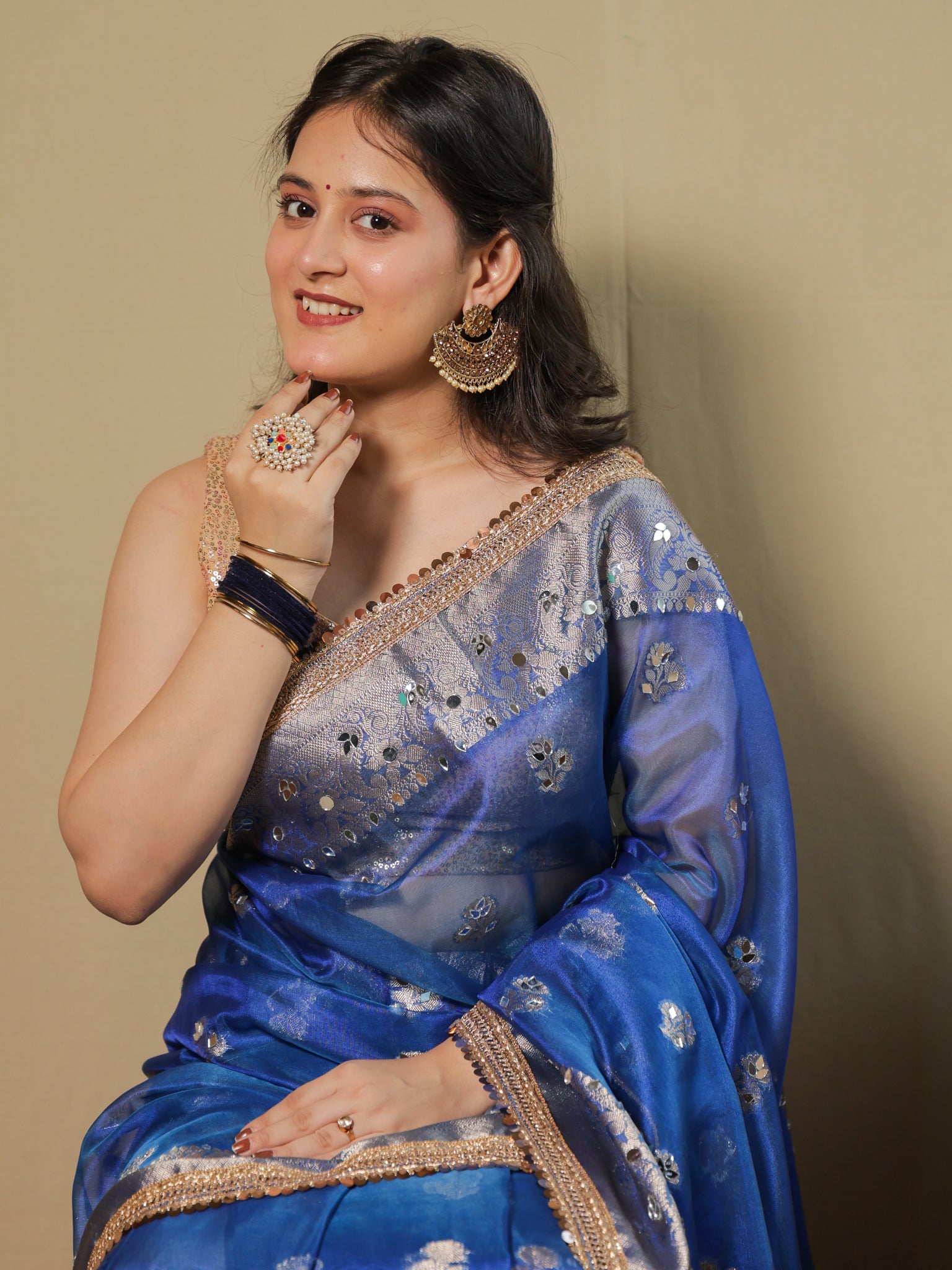 Banarasi Tissue Saree With Mirror Work & Lace Border- Blue