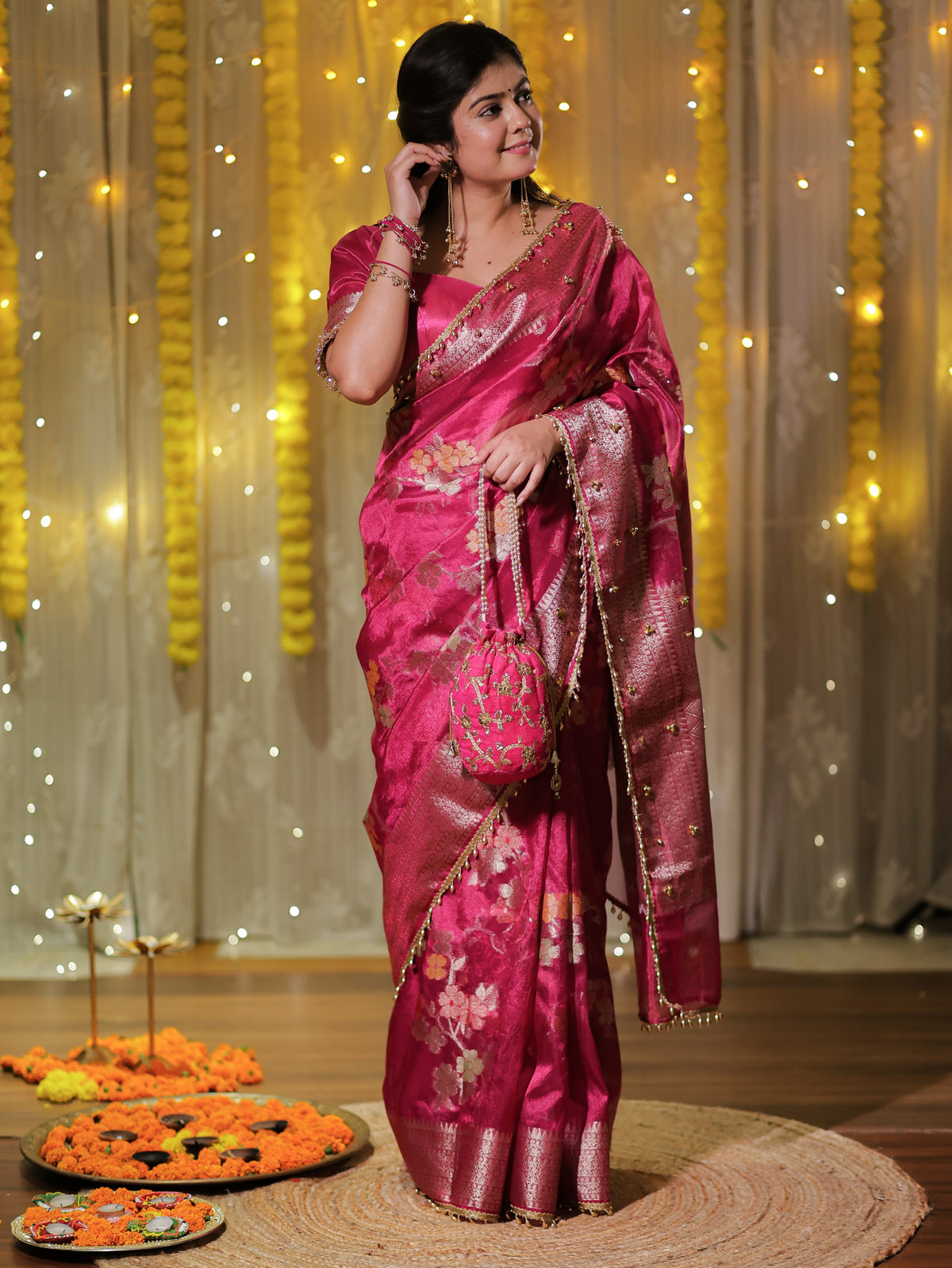 Banarasi Tissue Saree With Floral Weaving & Lace Border- Magenta