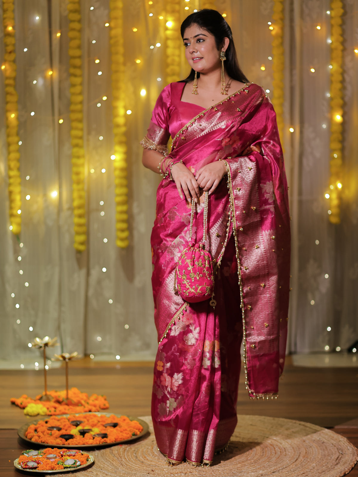Banarasi Tissue Saree With Floral Weaving & Lace Border- Magenta