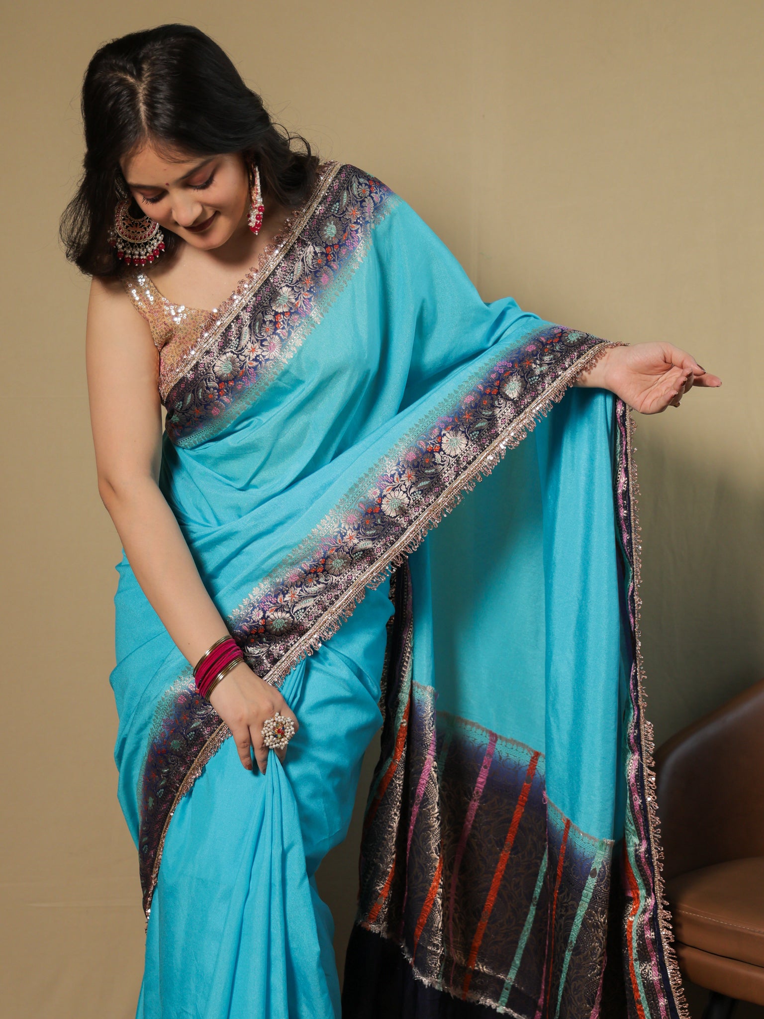 Banarasi Plain Semi Silk Saree With Lace Border - Aqua Blue