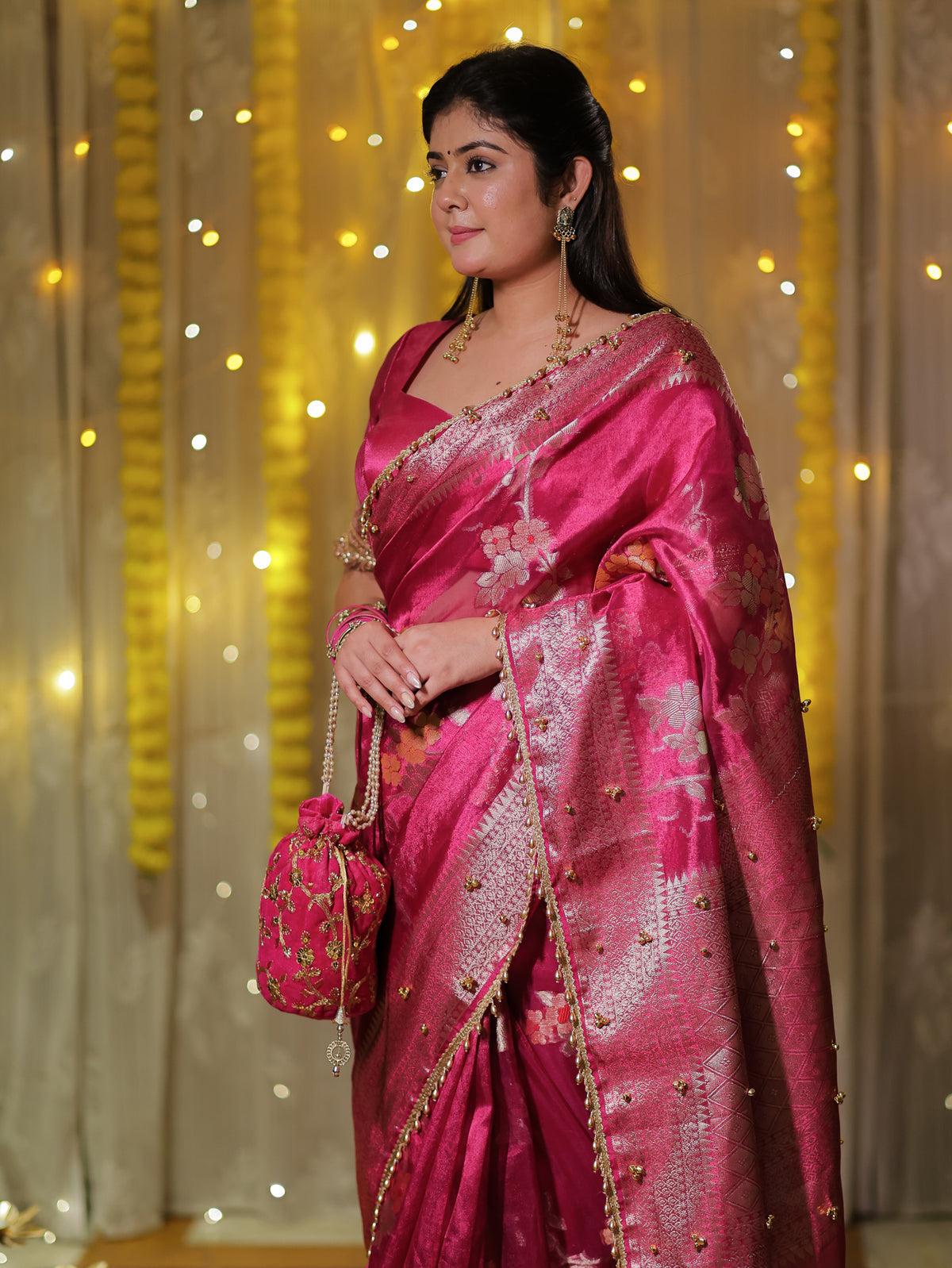 Banarasi Tissue Saree With Floral Weaving & Lace Border- Magenta