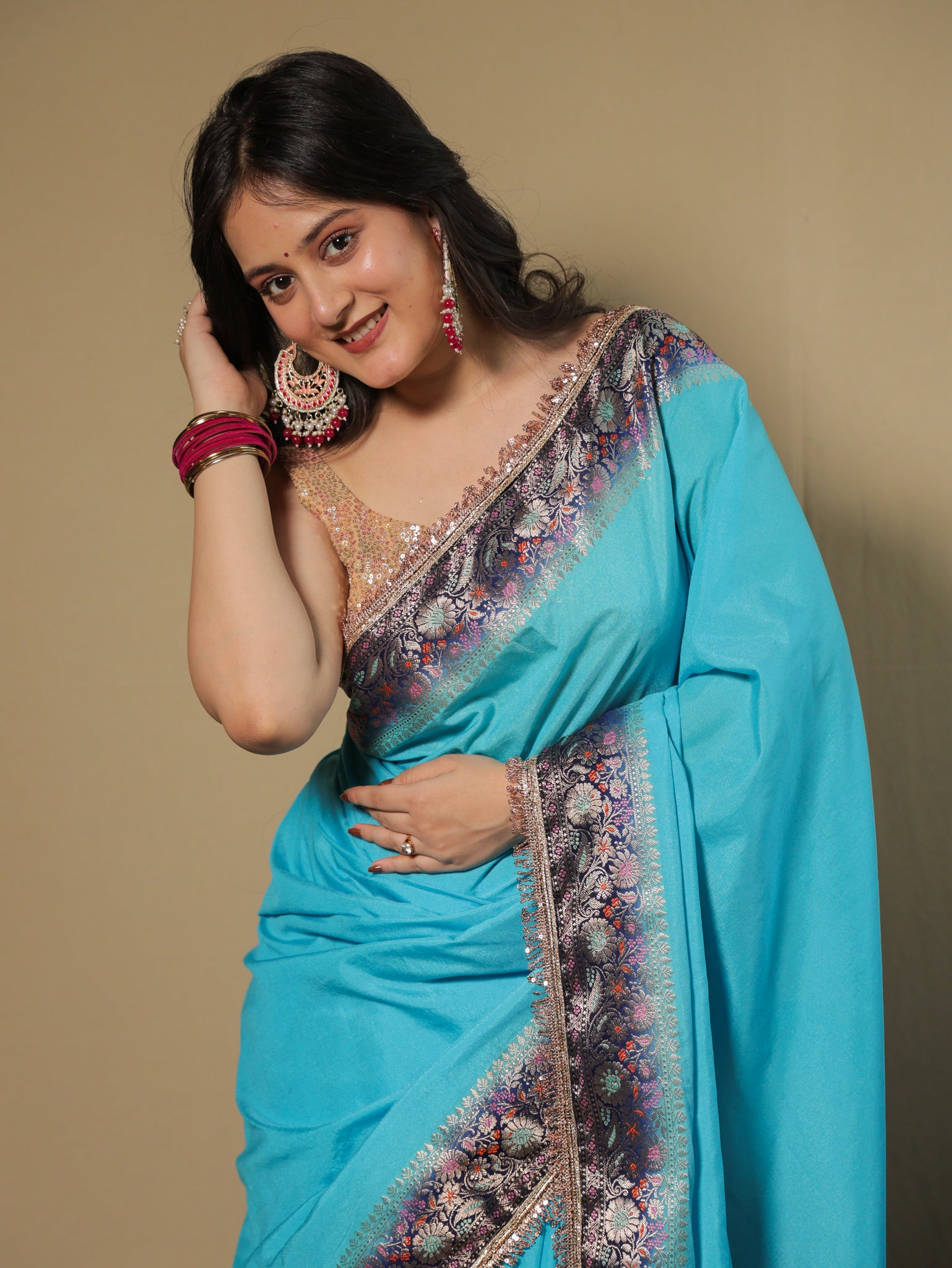Banarasi Plain Semi Silk Saree With Lace Border - Aqua Blue