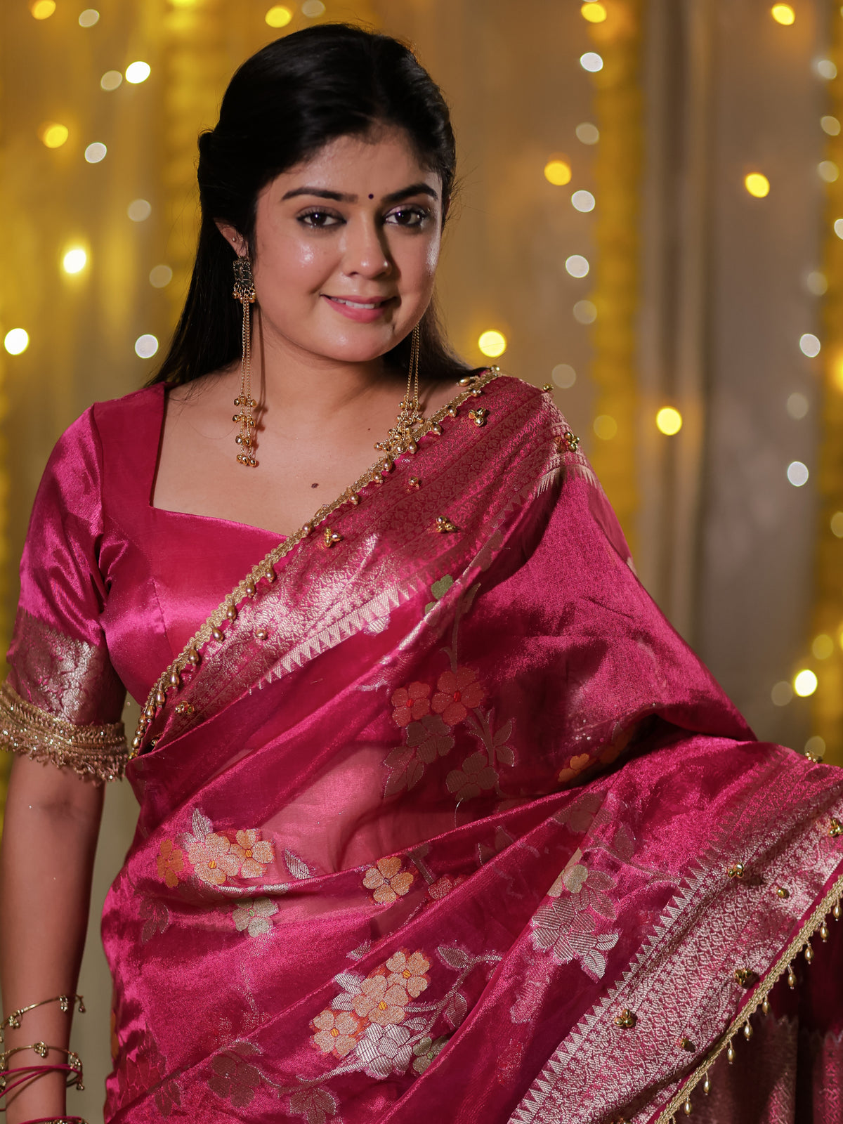 Banarasi Tissue Saree With Floral Weaving & Lace Border- Magenta