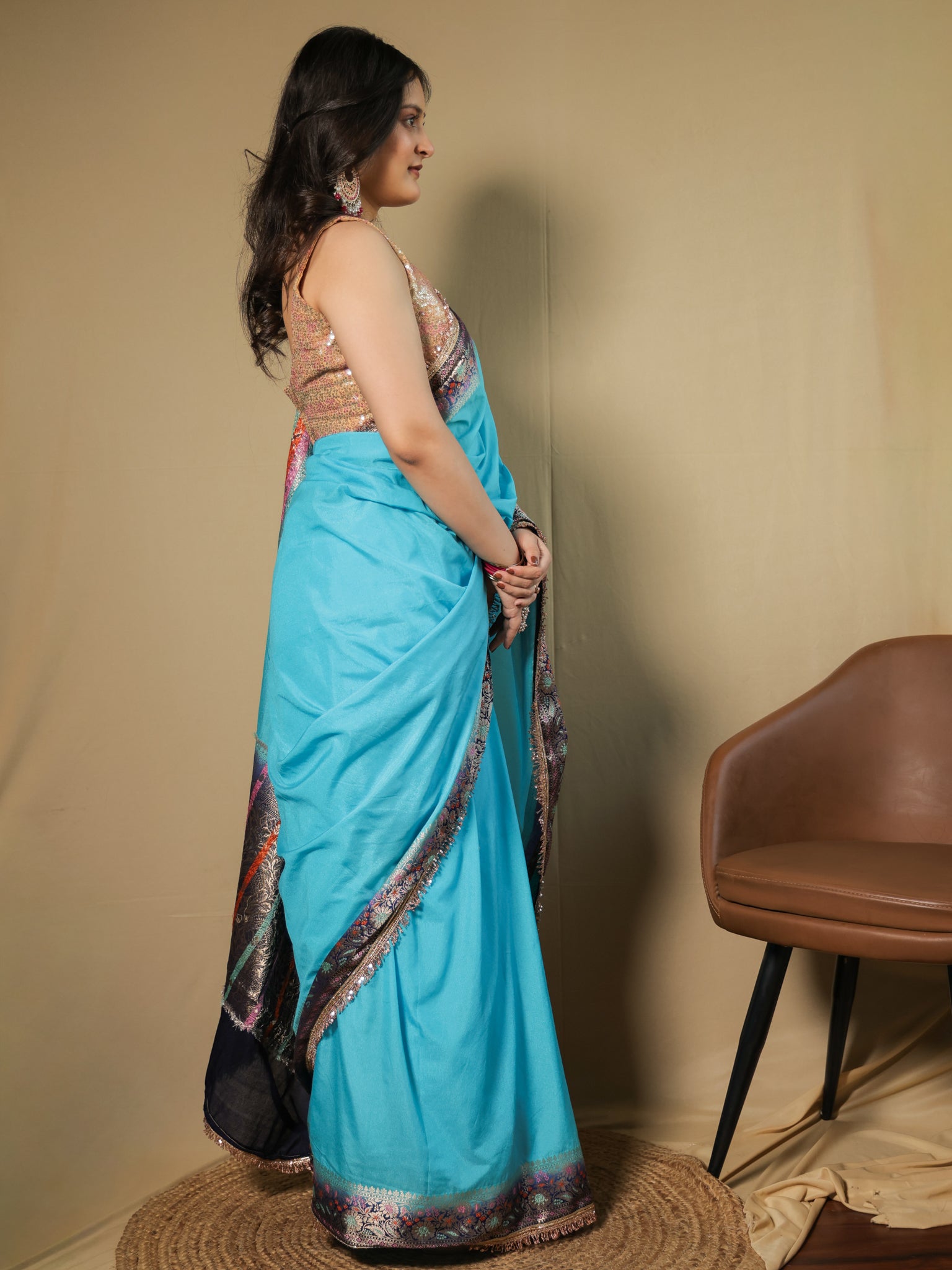 Banarasi Plain Semi Silk Saree With Lace Border - Aqua Blue