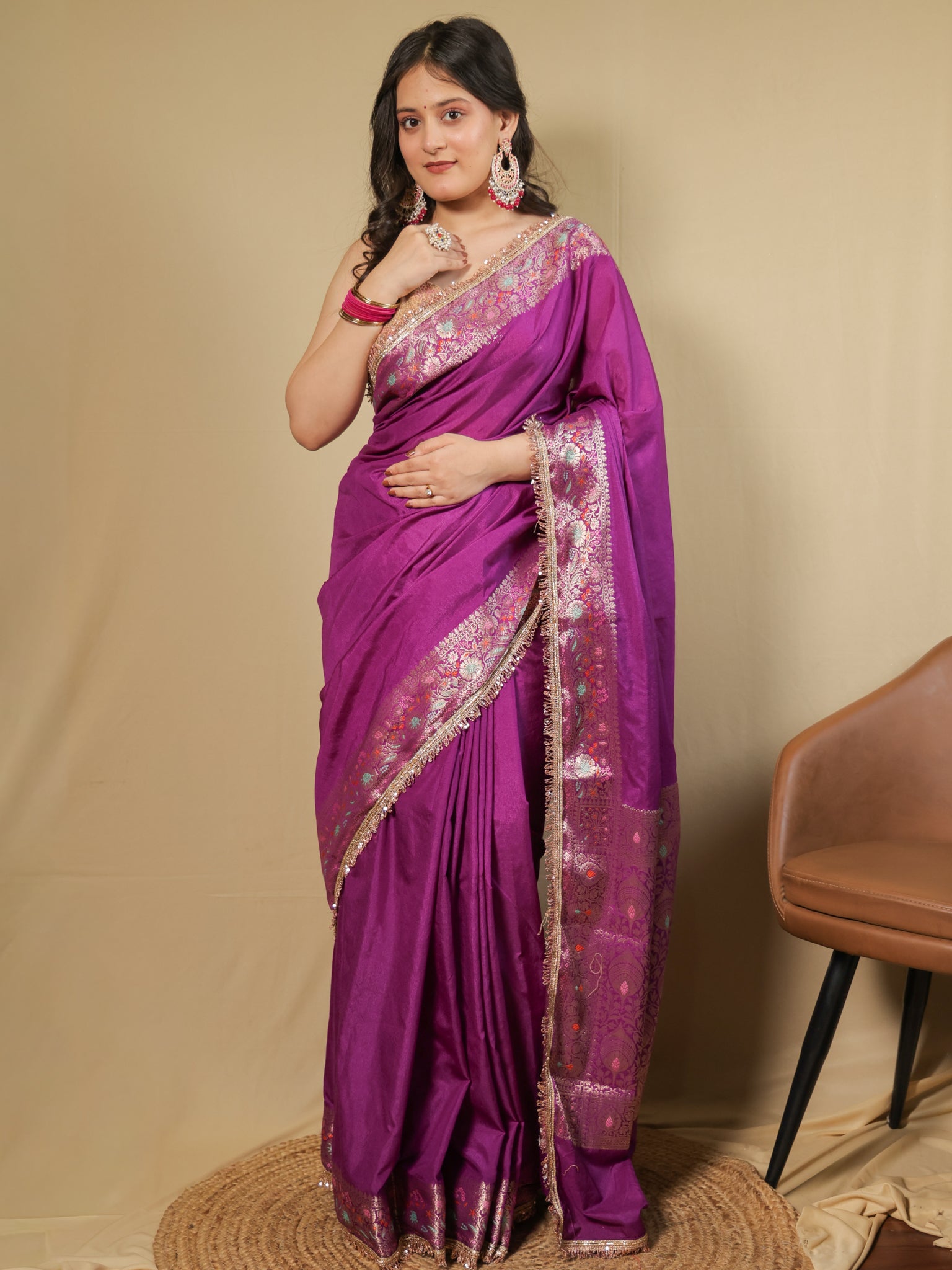 Banarasi Plain Semi Silk Saree With Lace Border - Purple