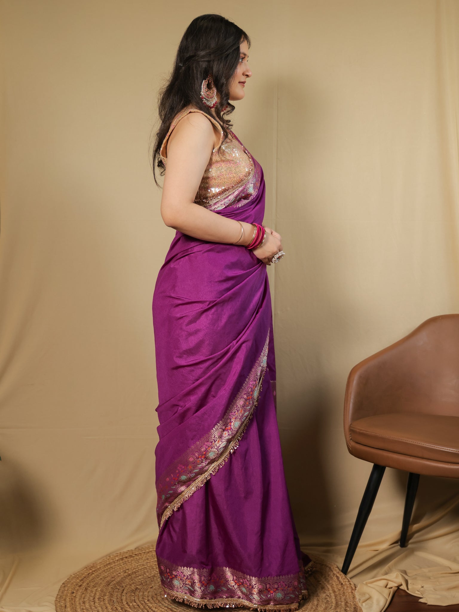 Banarasi Plain Semi Silk Saree With Lace Border - Purple