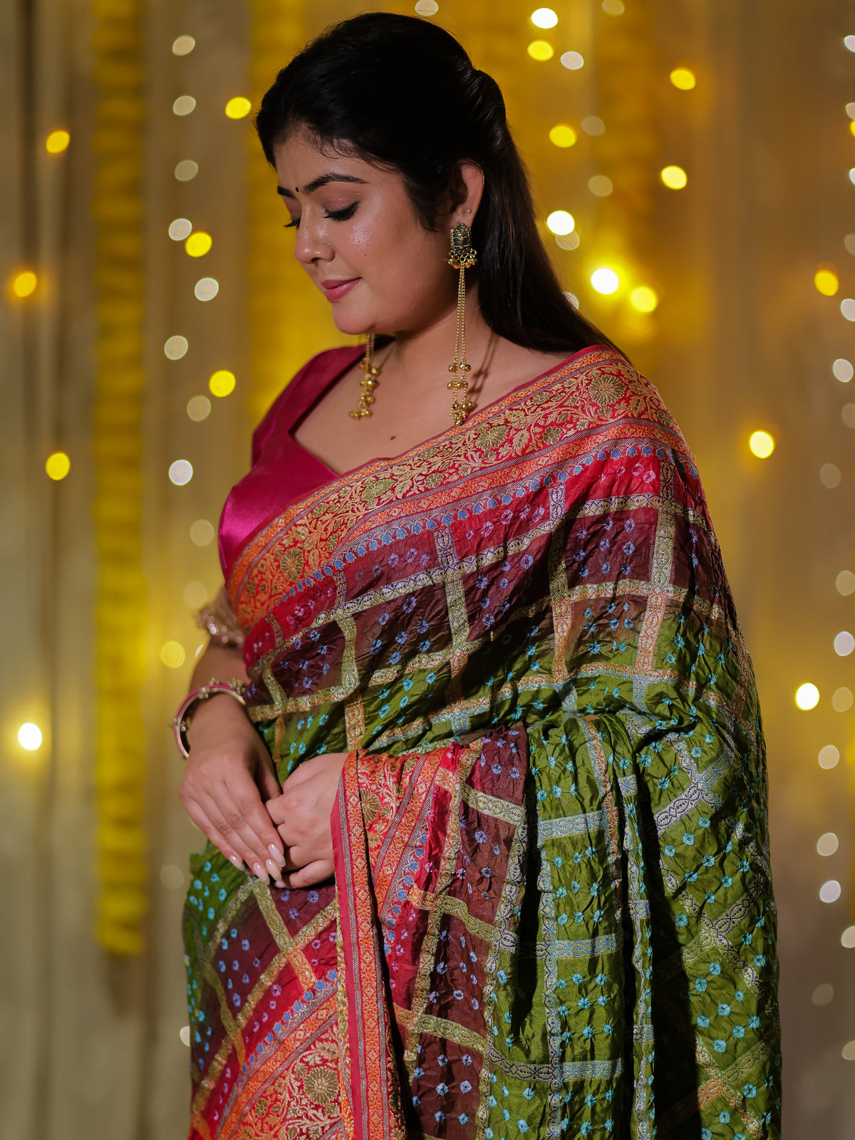 Banarasi Dual Shade Cotton Silk Bandhani Saree With - Green