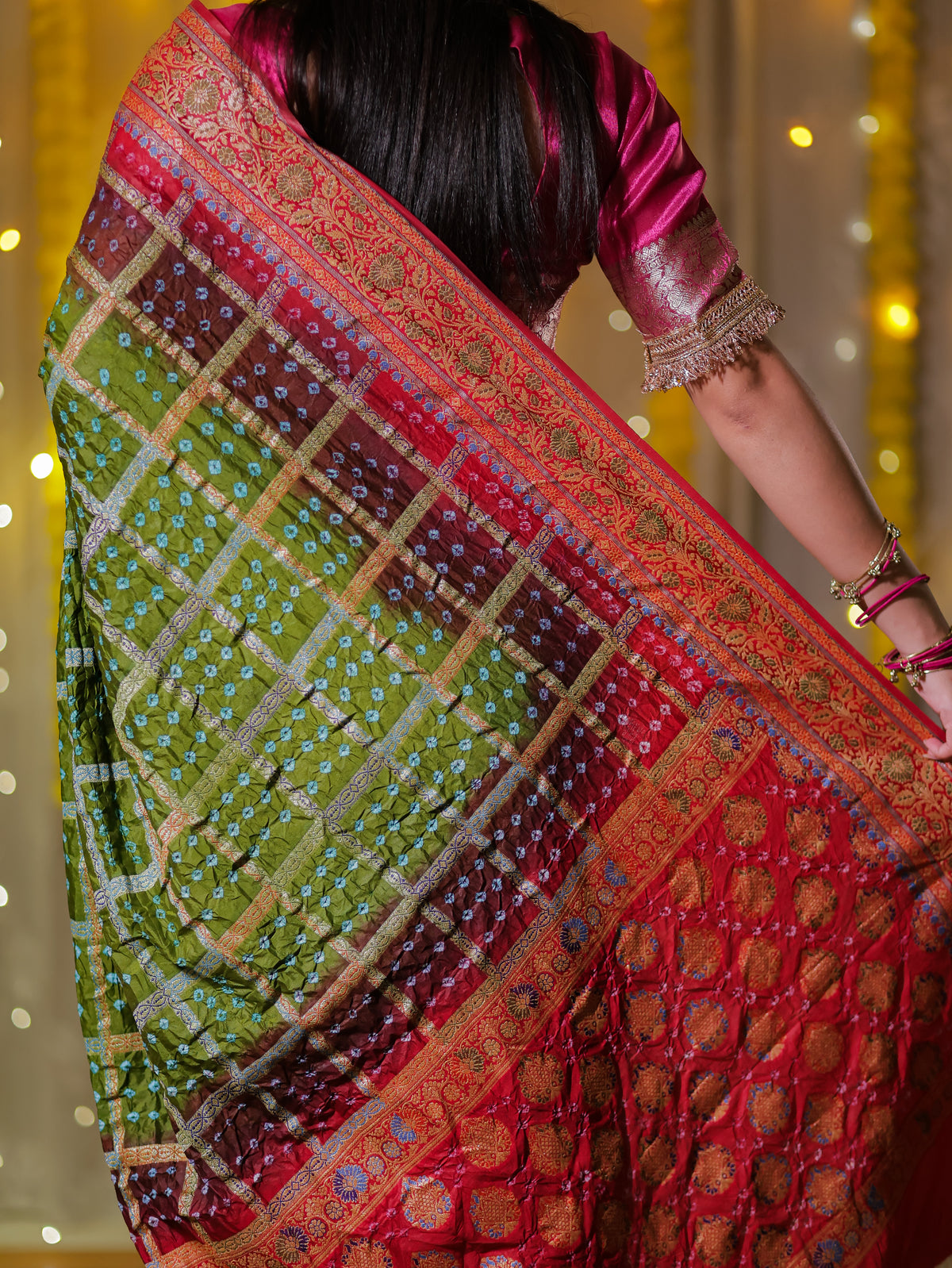 Banarasi Dual Shade Cotton Silk Bandhani Saree With - Green