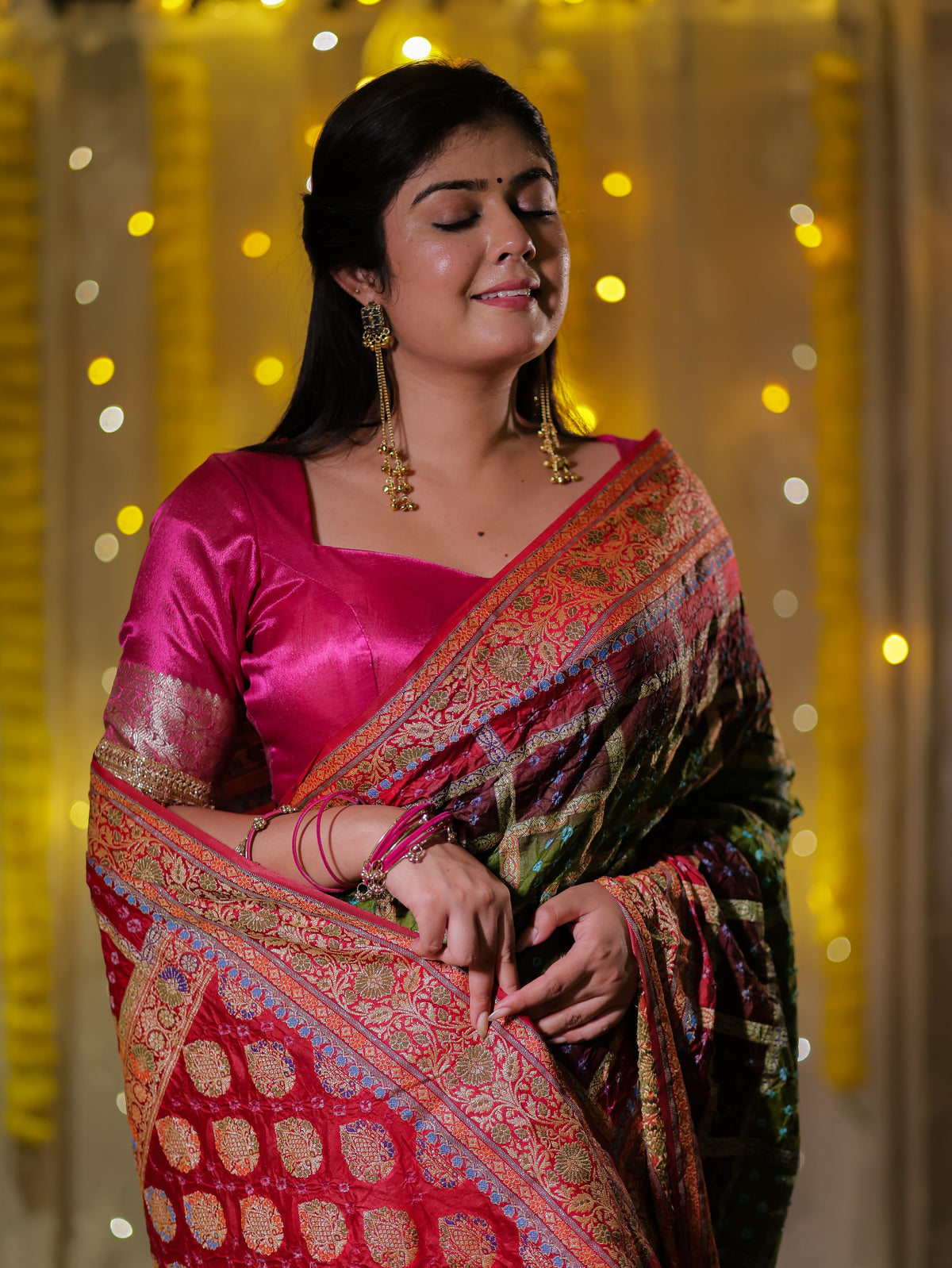 Banarasi Dual Shade Cotton Silk Bandhani Saree With - Green