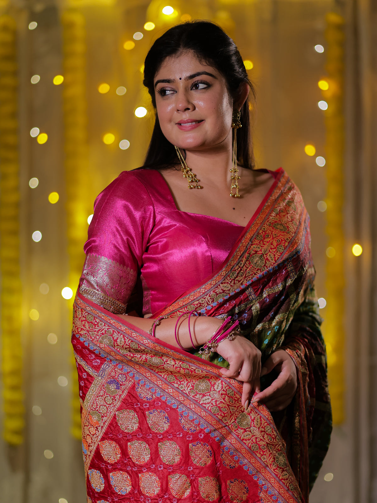 Banarasi Dual Shade Cotton Silk Bandhani Saree With - Green
