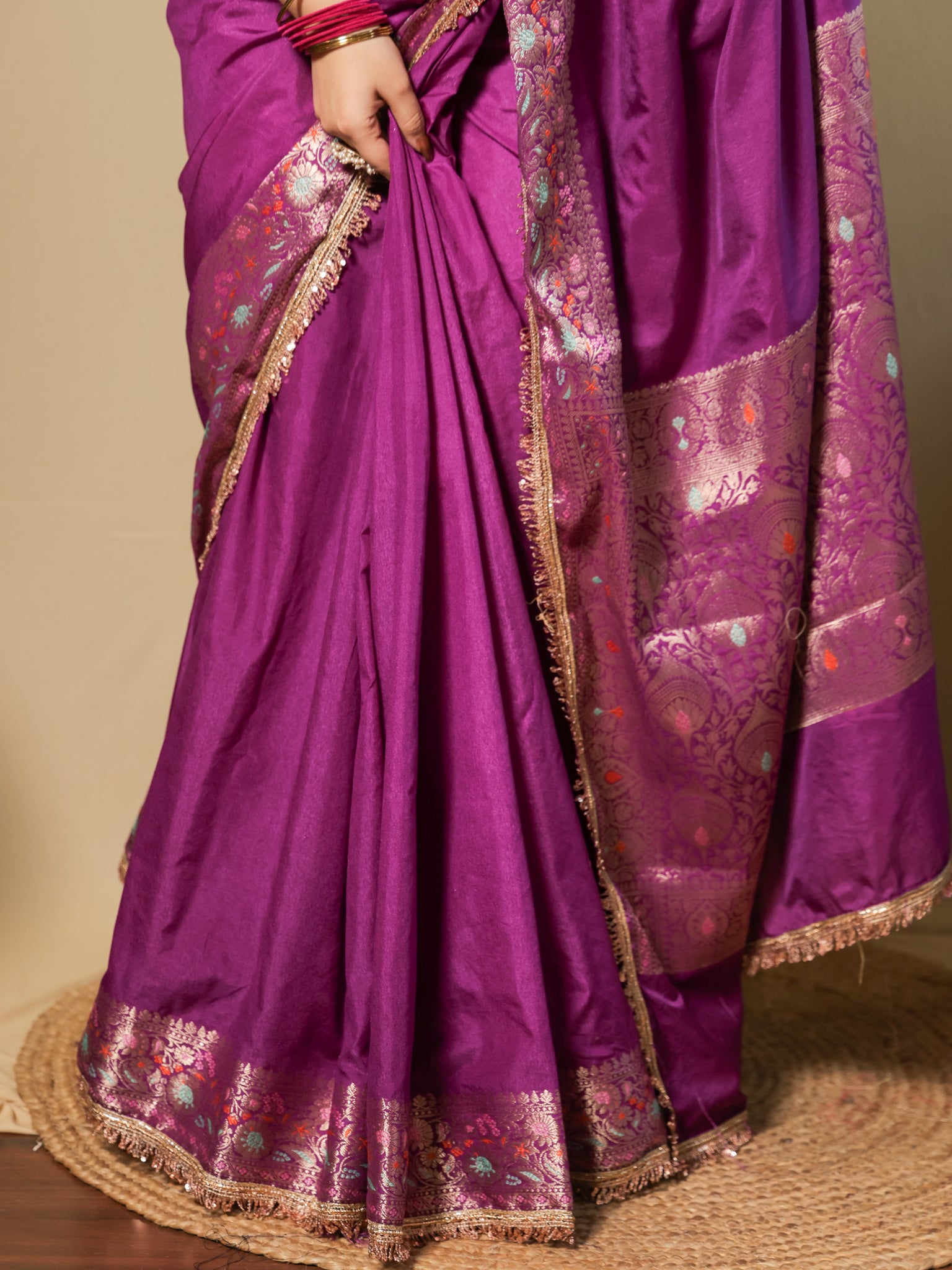 Banarasi Plain Semi Silk Saree With Lace Border - Purple
