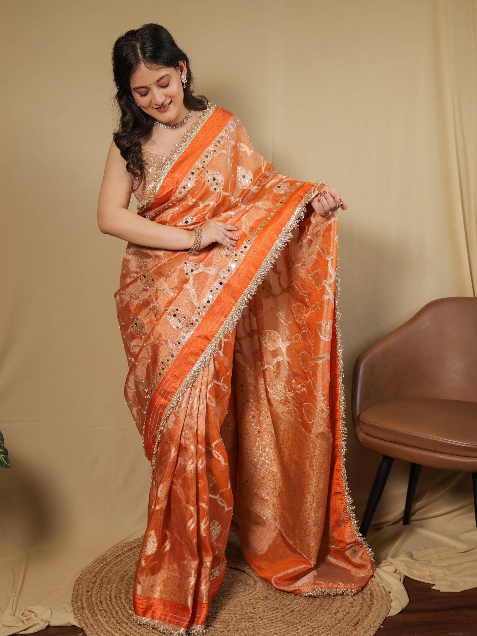 Banarasi Soft Tissue Saree With Mirror Work & Lace Border- Orange