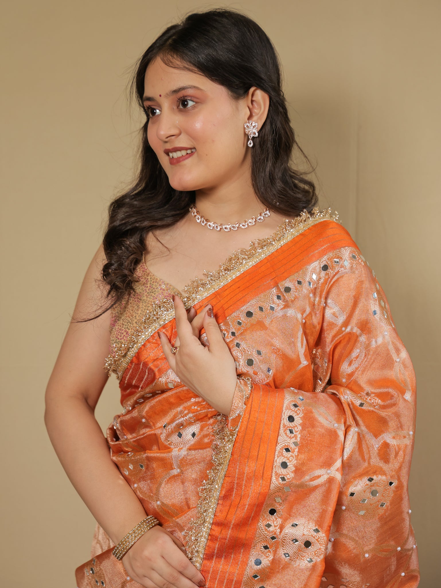 Banarasi Soft Tissue Saree With Mirror Work & Lace Border- Orange