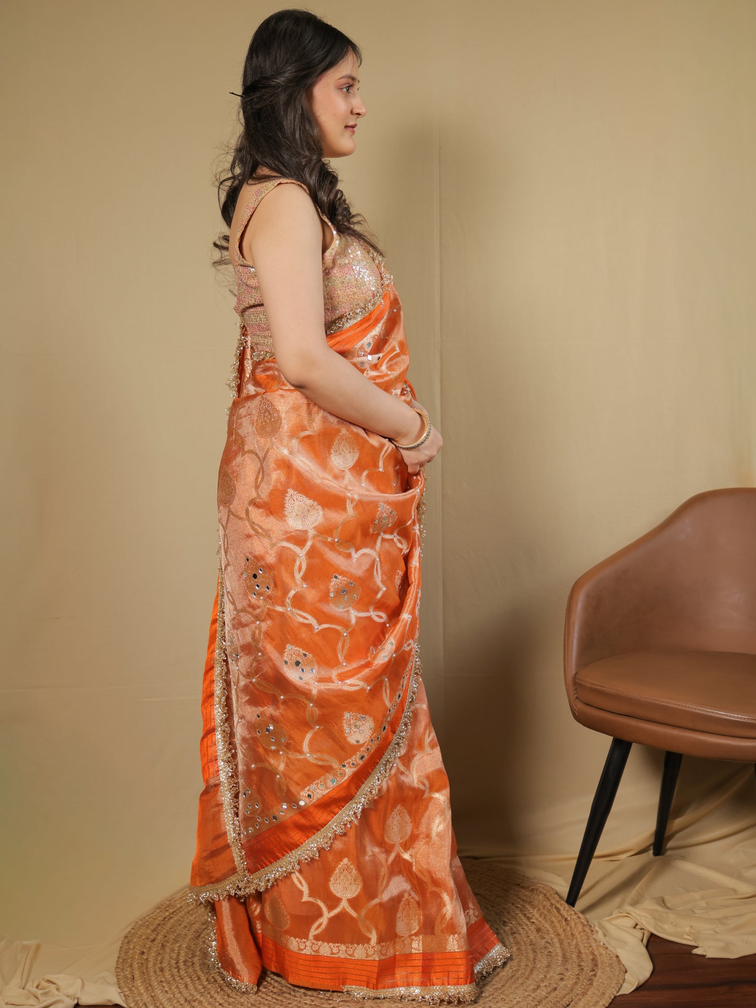 Banarasi Soft Tissue Saree With Mirror Work & Lace Border- Orange