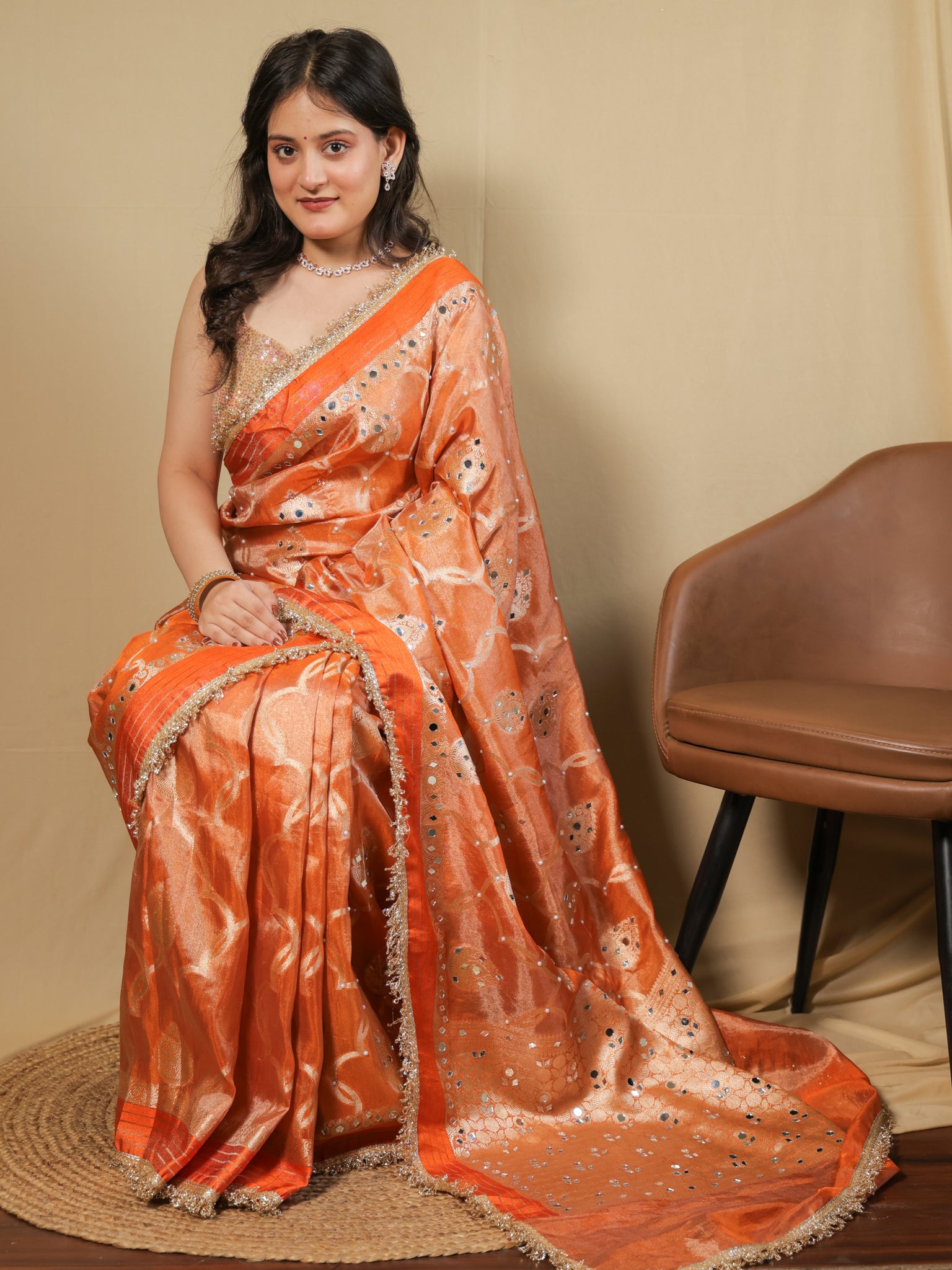 Banarasi Soft Tissue Saree With Mirror Work & Lace Border- Orange