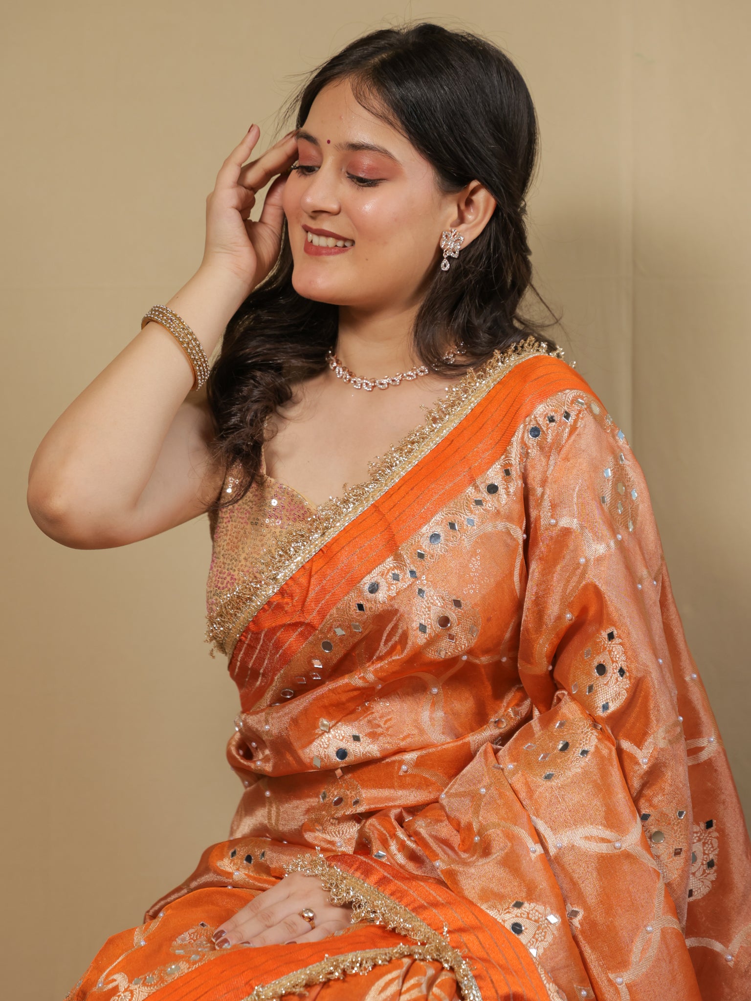 Banarasi Soft Tissue Saree With Mirror Work & Lace Border- Orange