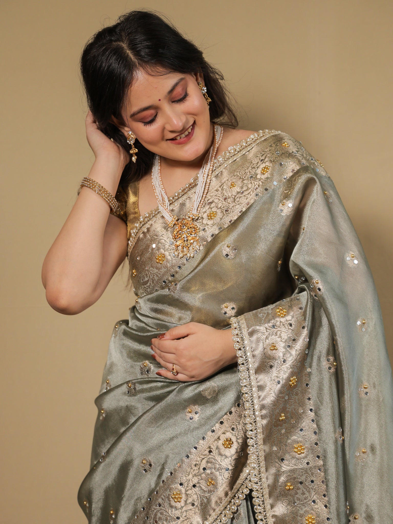 Banarasi Mirror Work Tissue Saree with Lace Border - Grey