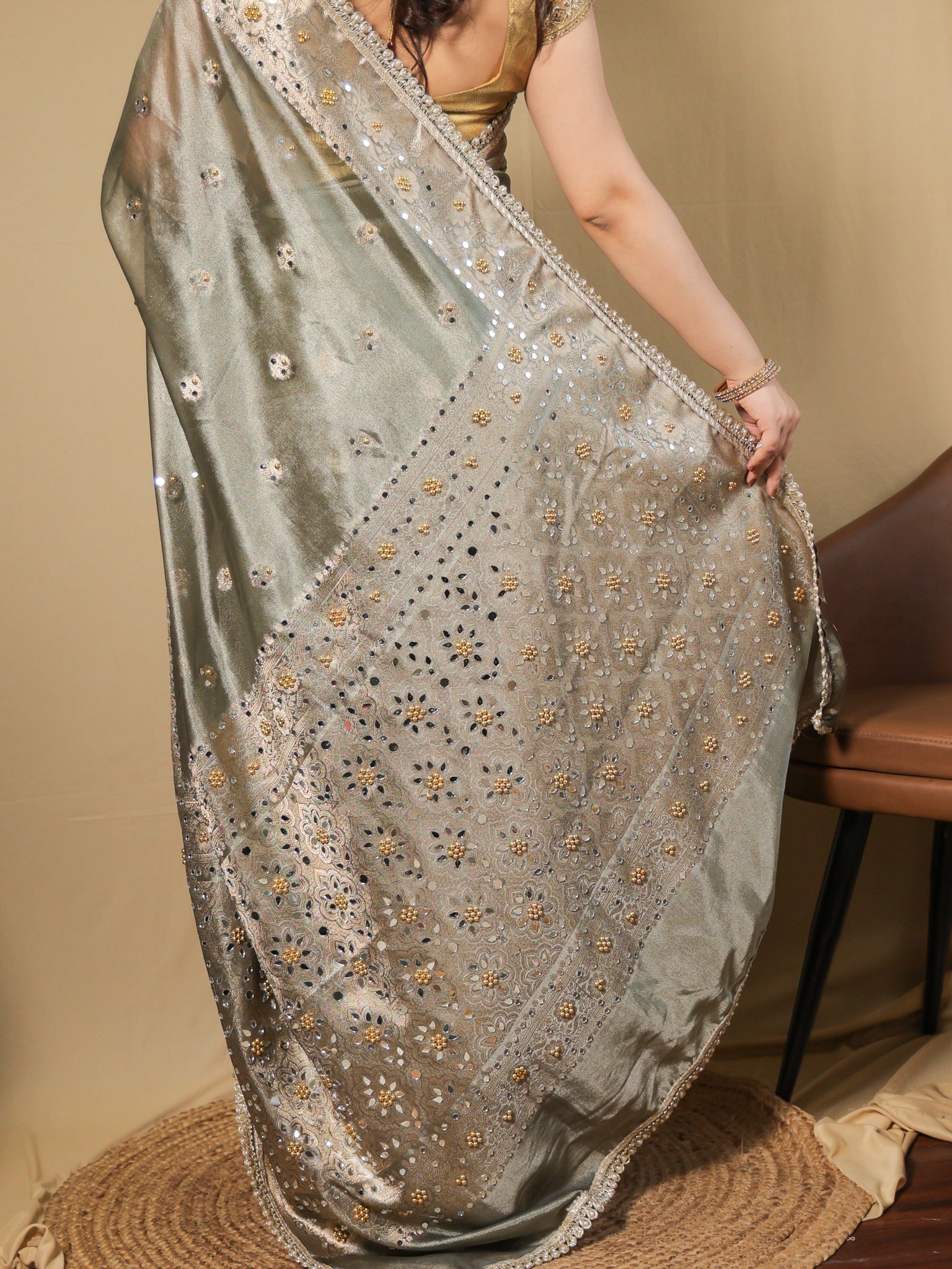 Banarasi Mirror Work Tissue Saree with Lace Border - Grey