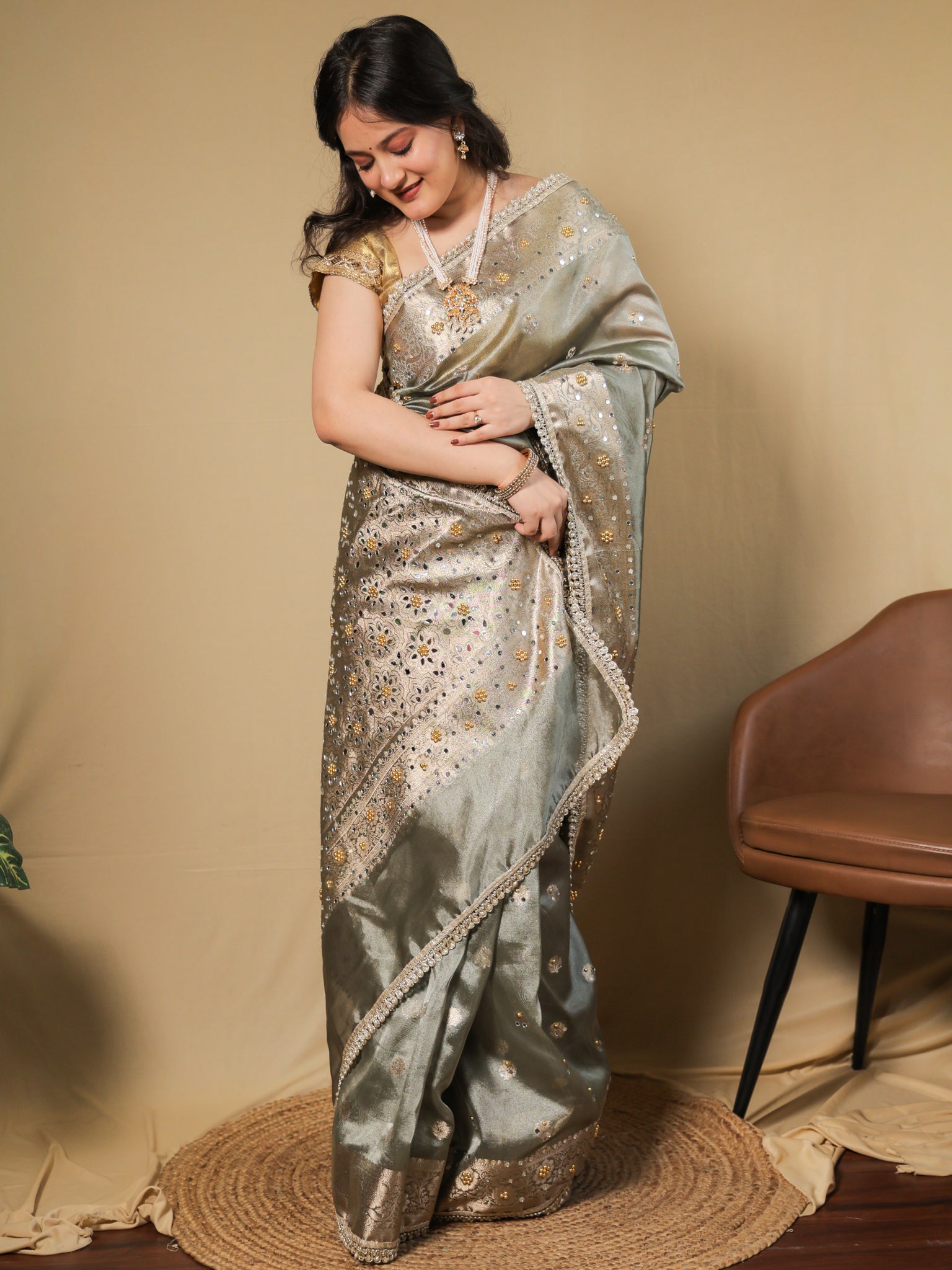Banarasi Mirror Work Tissue Saree with Lace Border - Grey