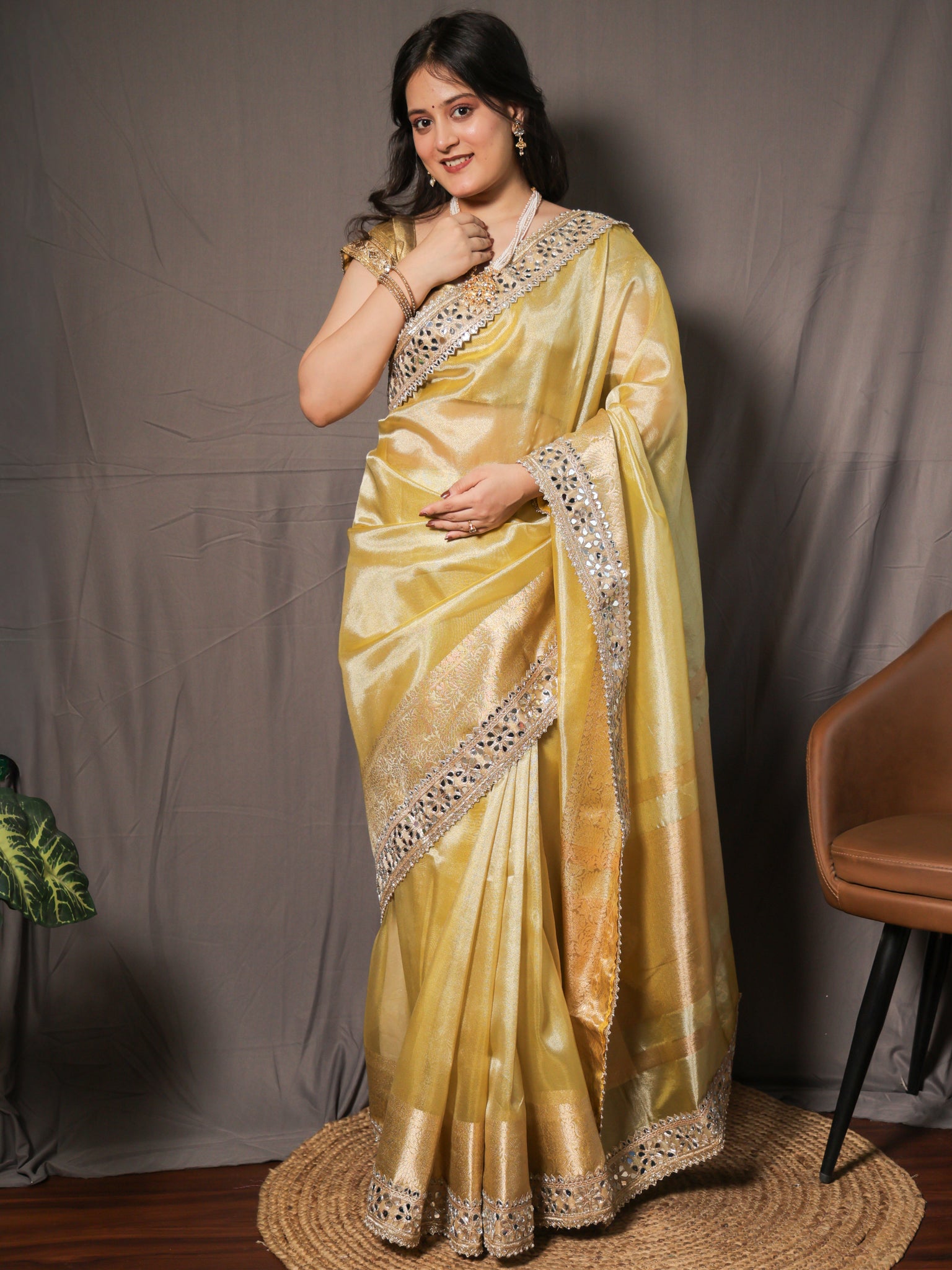 Banarasi Plain Tissue Saree with Mirror Lace Border - Yellow
