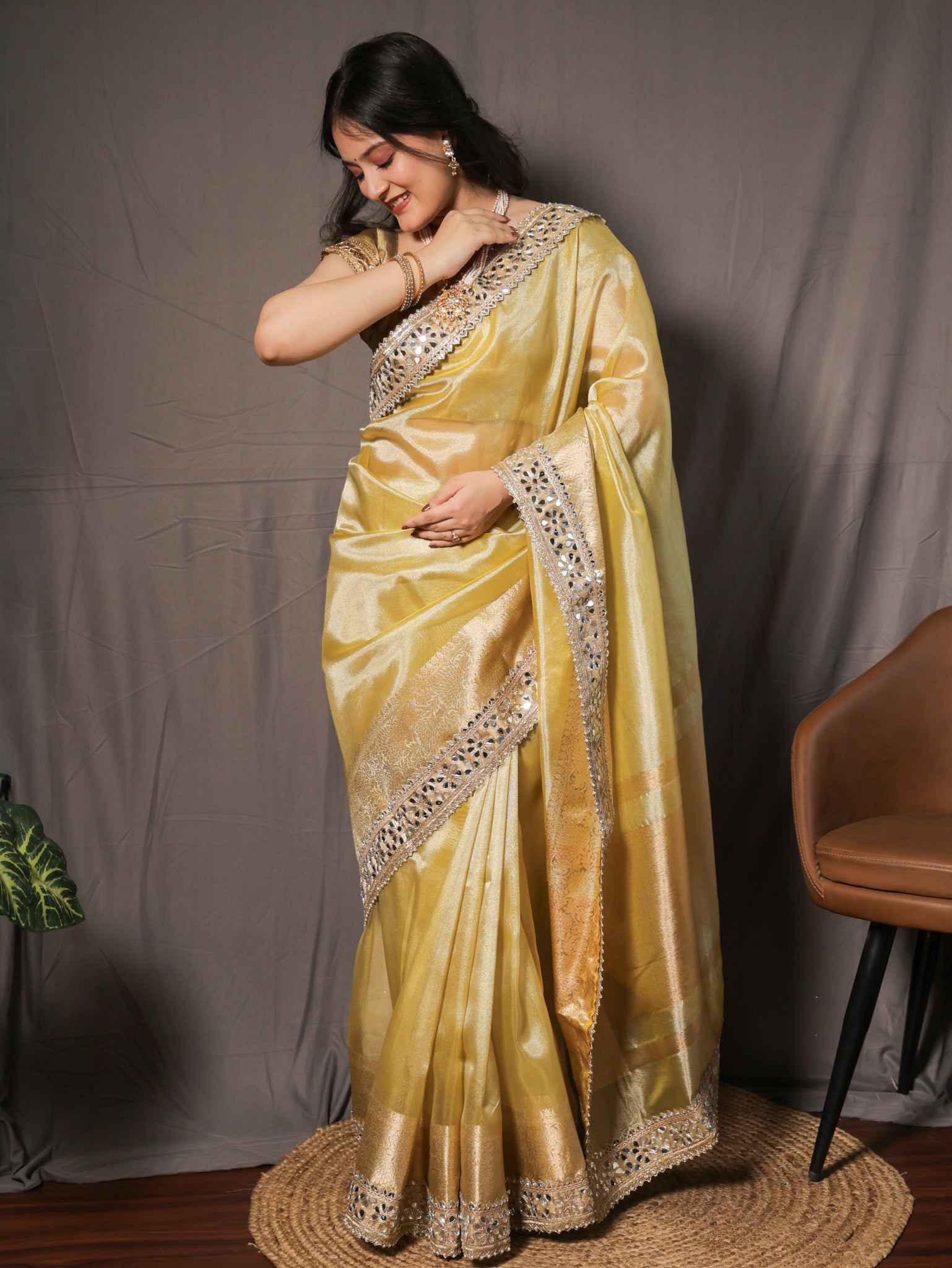 Banarasi Plain Tissue Saree with Mirror Lace Border - Yellow