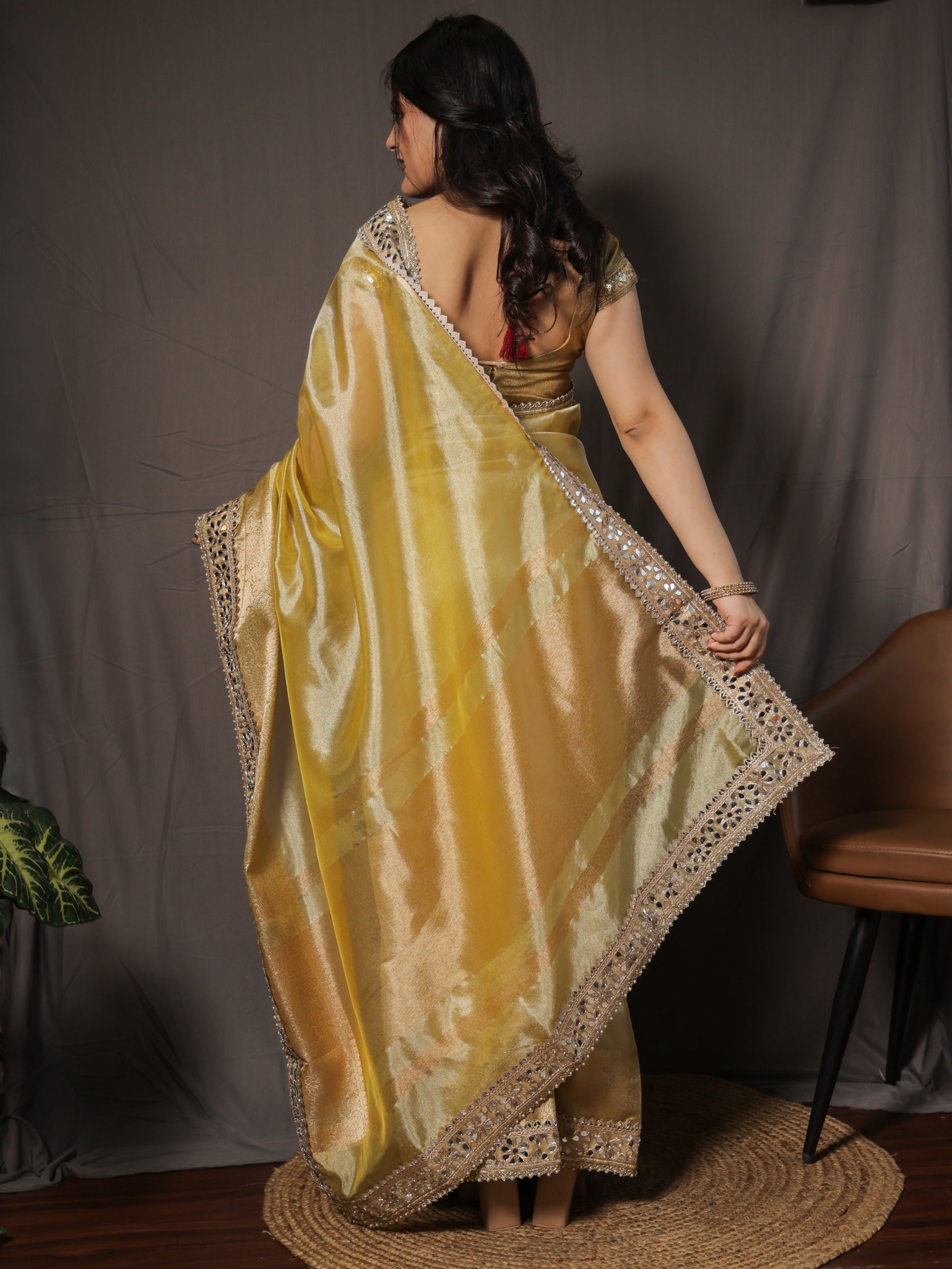 Banarasi Plain Tissue Saree with Mirror Lace Border - Yellow