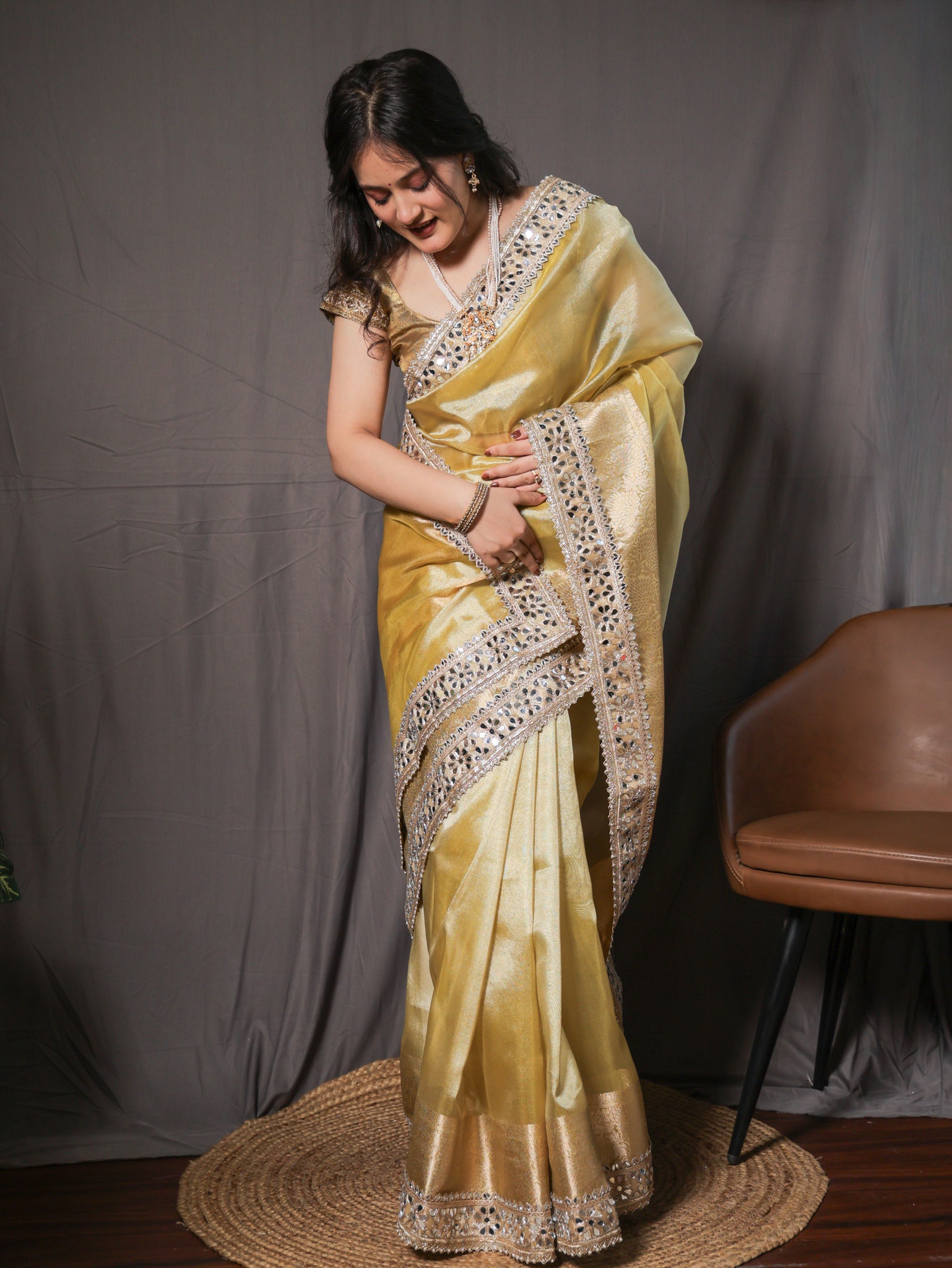 Banarasi Plain Tissue Saree with Mirror Lace Border - Yellow