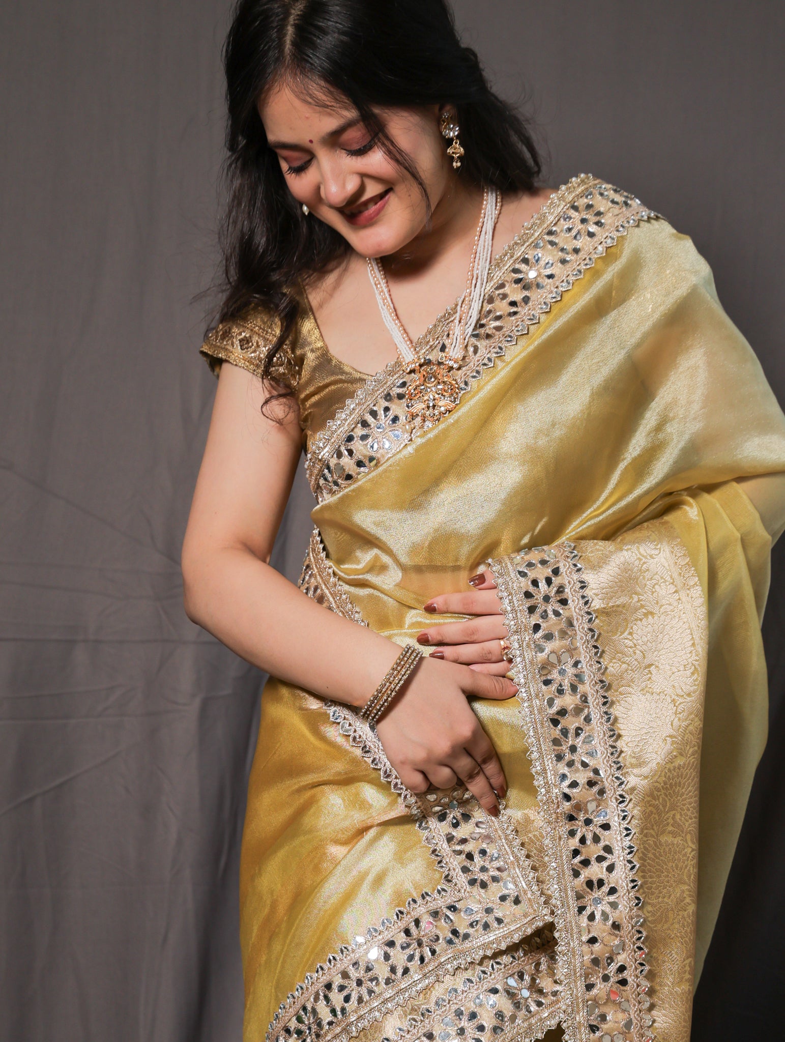 Banarasi Plain Tissue Saree with Mirror Lace Border - Yellow