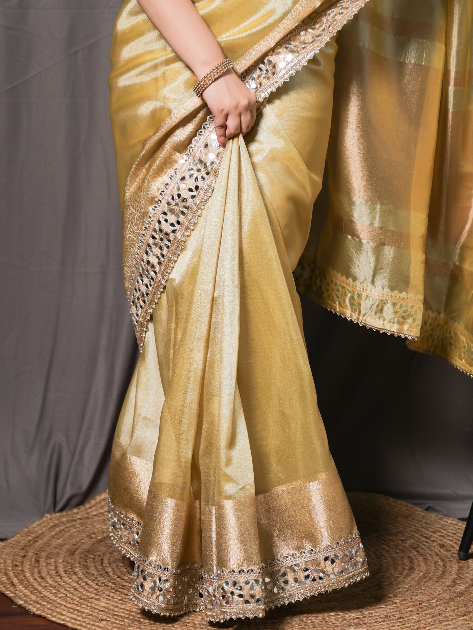 Banarasi Plain Tissue Saree with Mirror Lace Border - Yellow