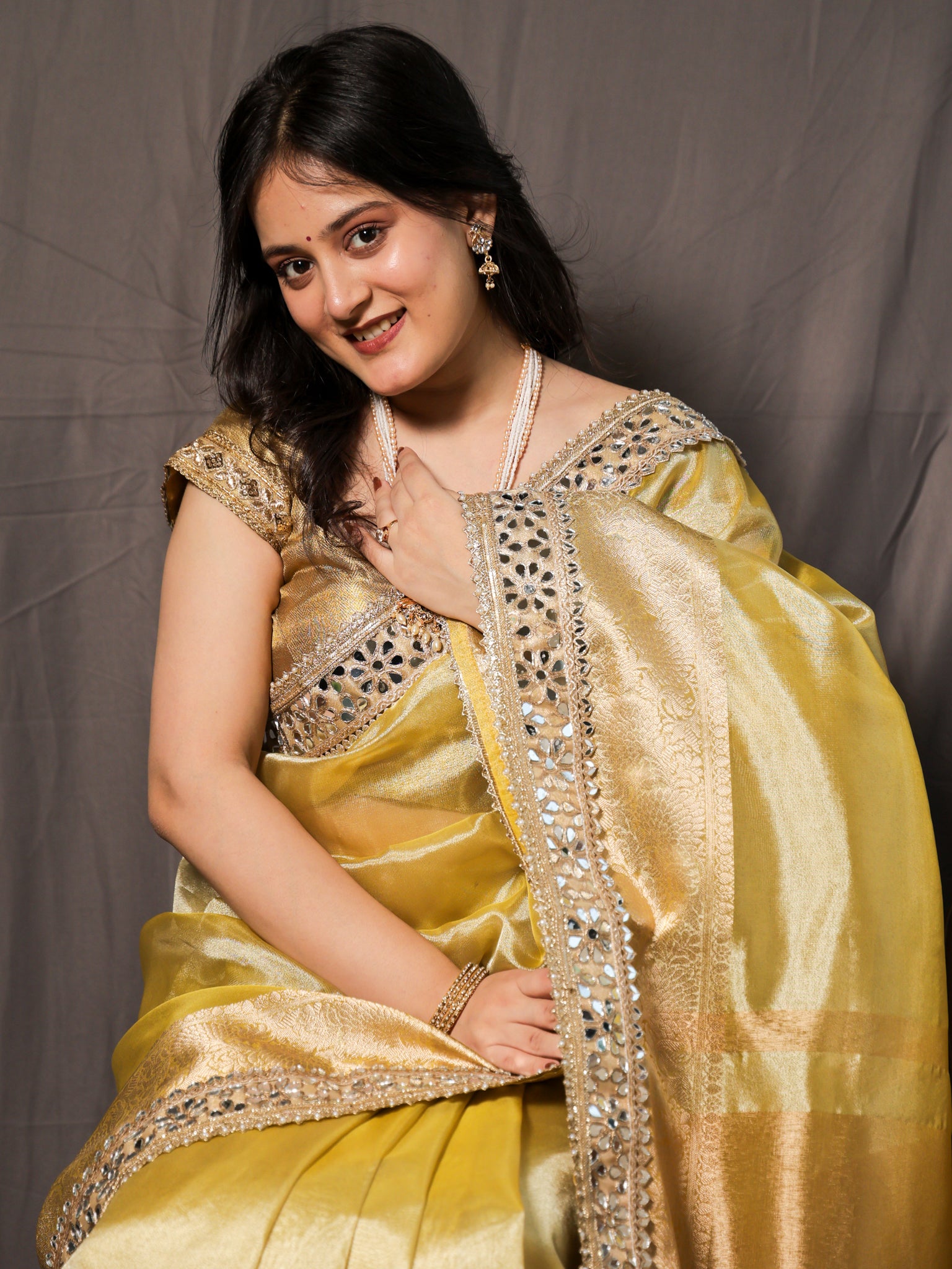 Banarasi Plain Tissue Saree with Mirror Lace Border - Yellow