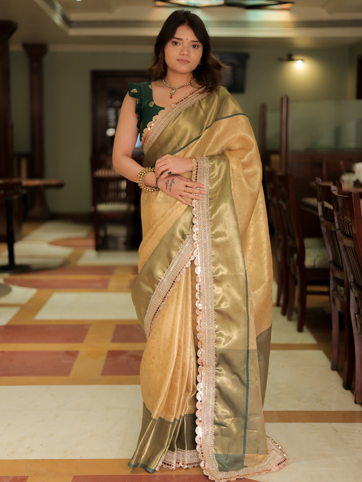 Banarasi Tissue Saree With Weaving & Lace Border-Gold