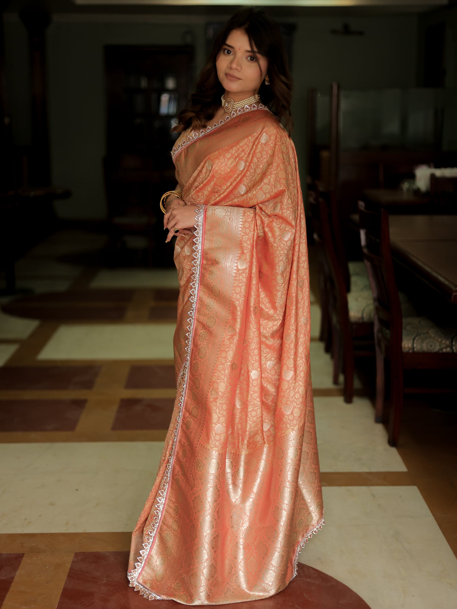 Banarasi Art Katan Silk Saree With Zari Buta Weaving & Tanchoi Weaving & Lace Border-Peach