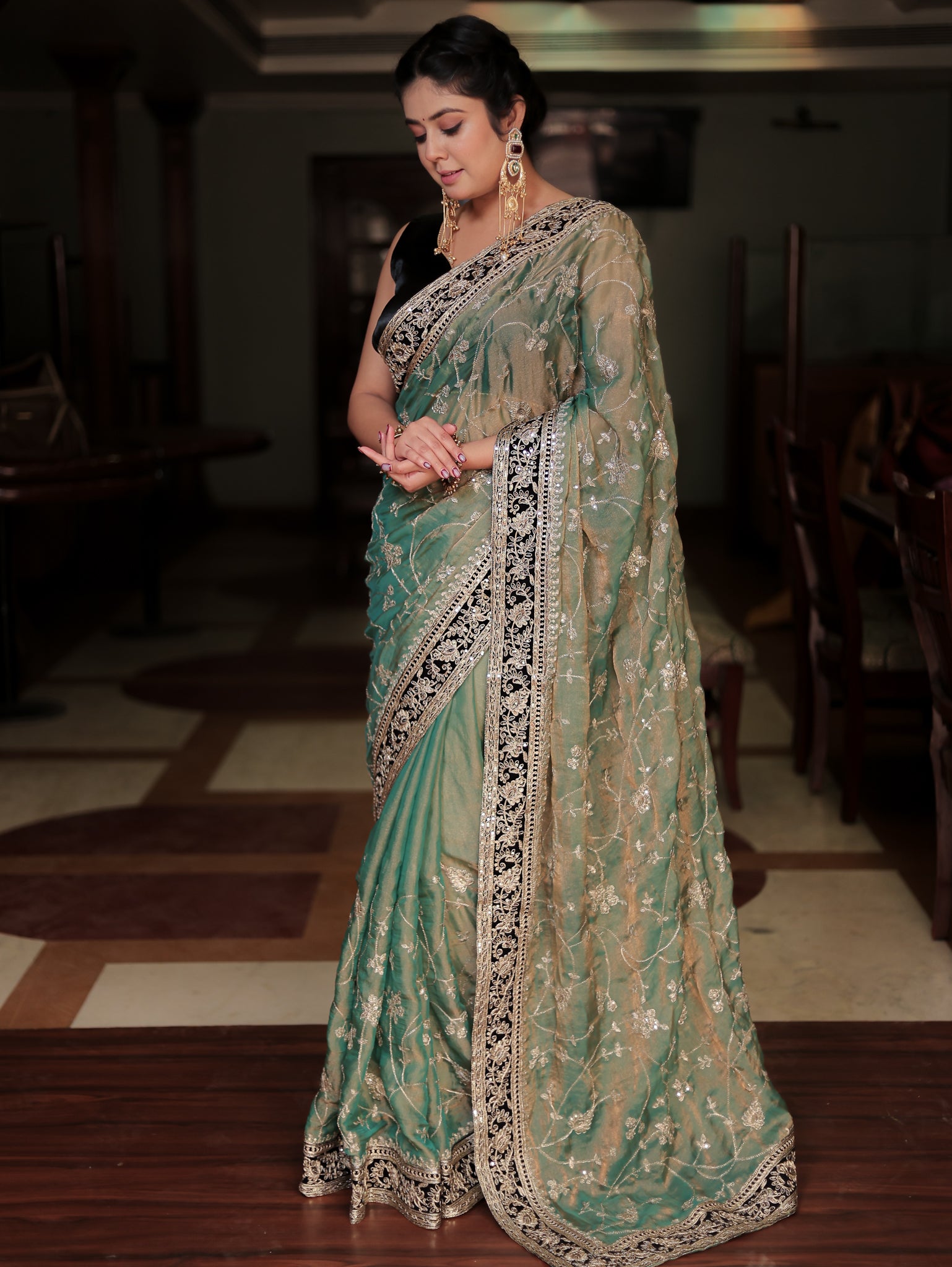 Tissue Embroidered Cocktail Saree With Lace Border- Blue