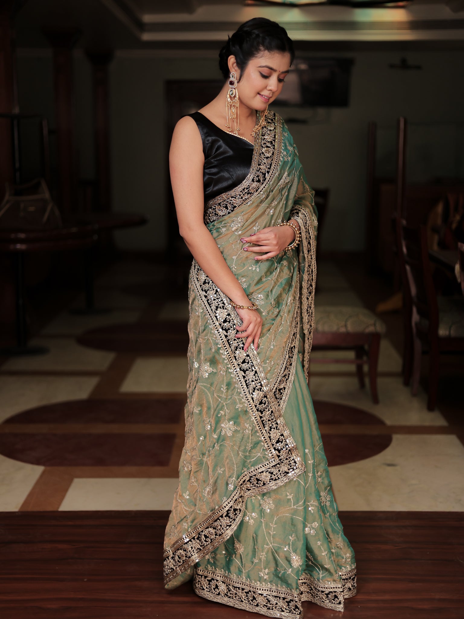 Tissue Embroidered Cocktail Saree With Lace Border- Blue