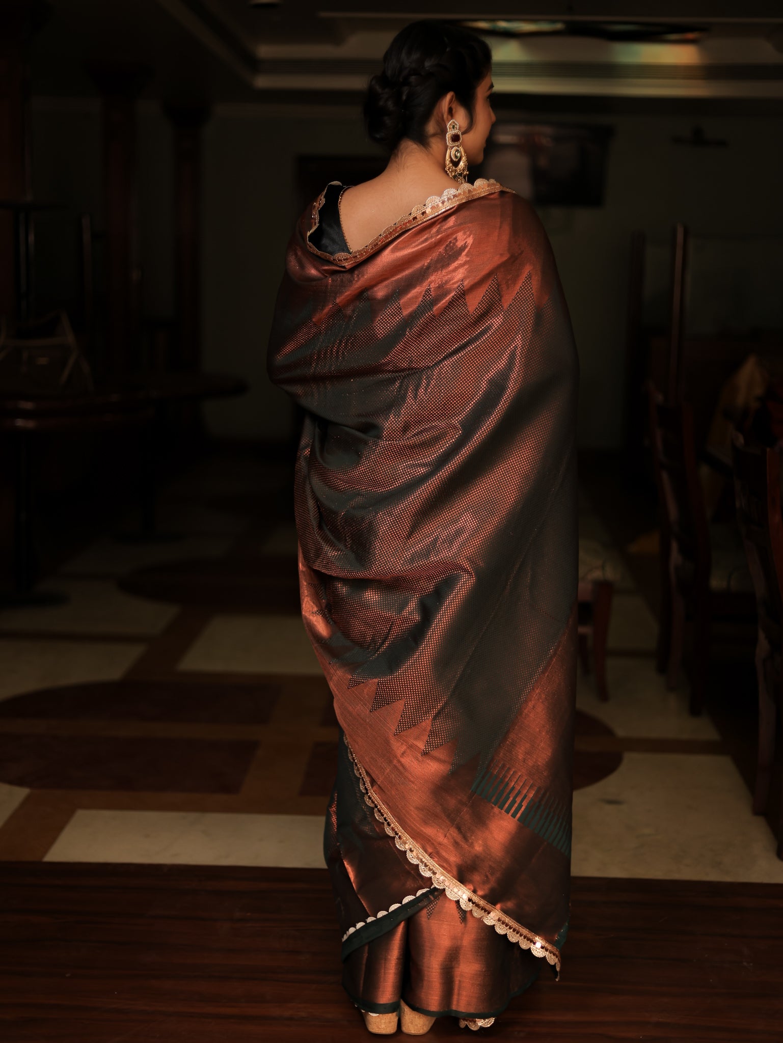 Bronze Zari Tanchoi Banarasi Semi Silk Saree with Lace Border