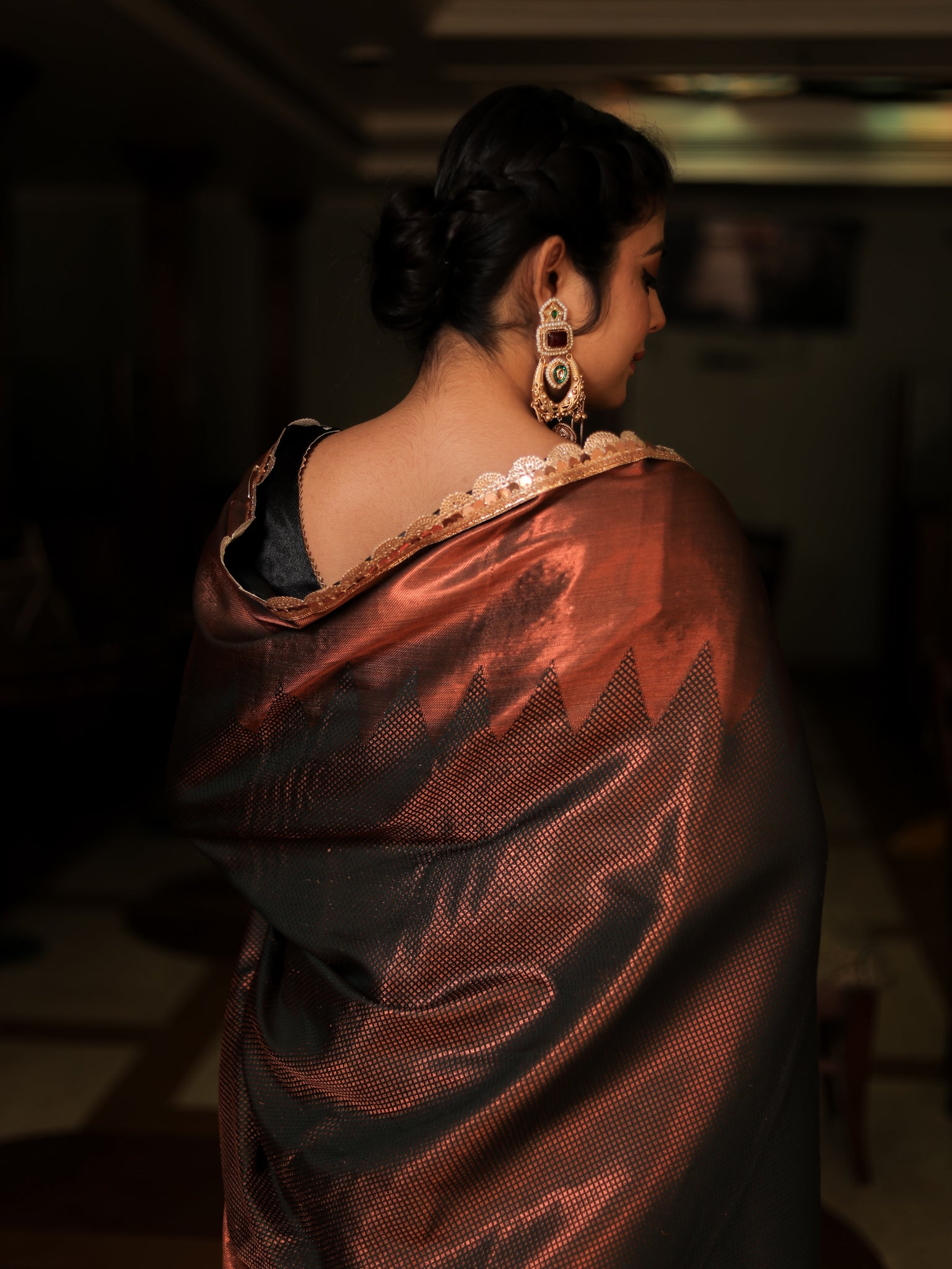 Bronze Zari Tanchoi Banarasi Semi Silk Saree with Lace Border