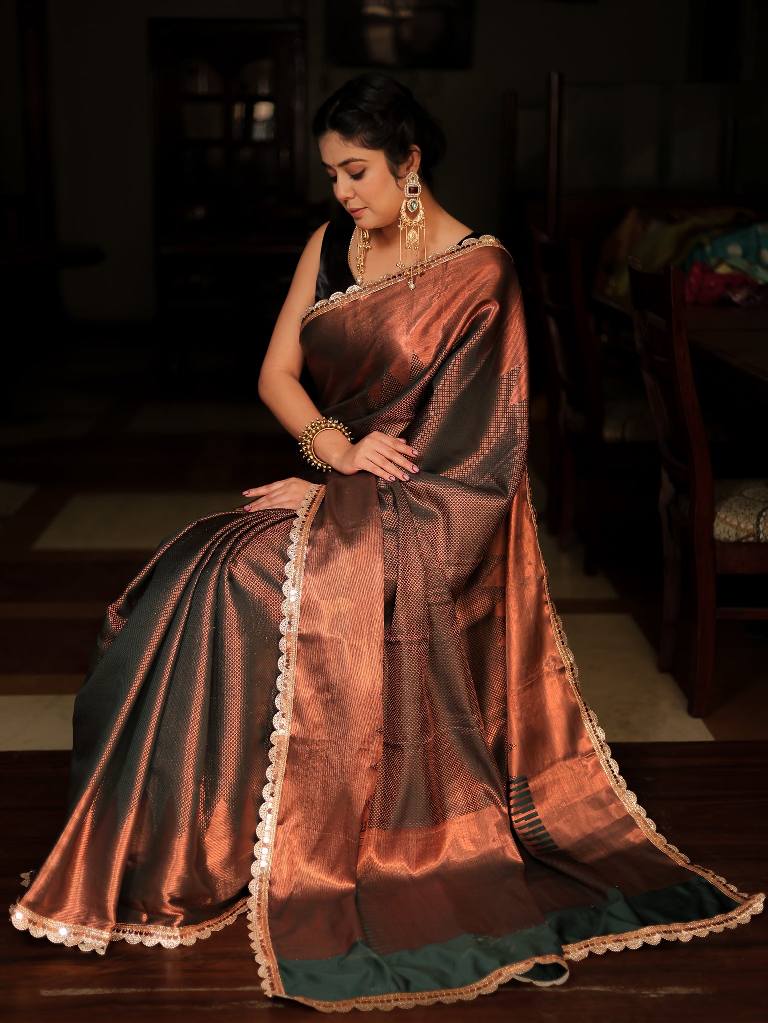 Bronze Zari Tanchoi Banarasi Semi Silk Saree with Lace Border