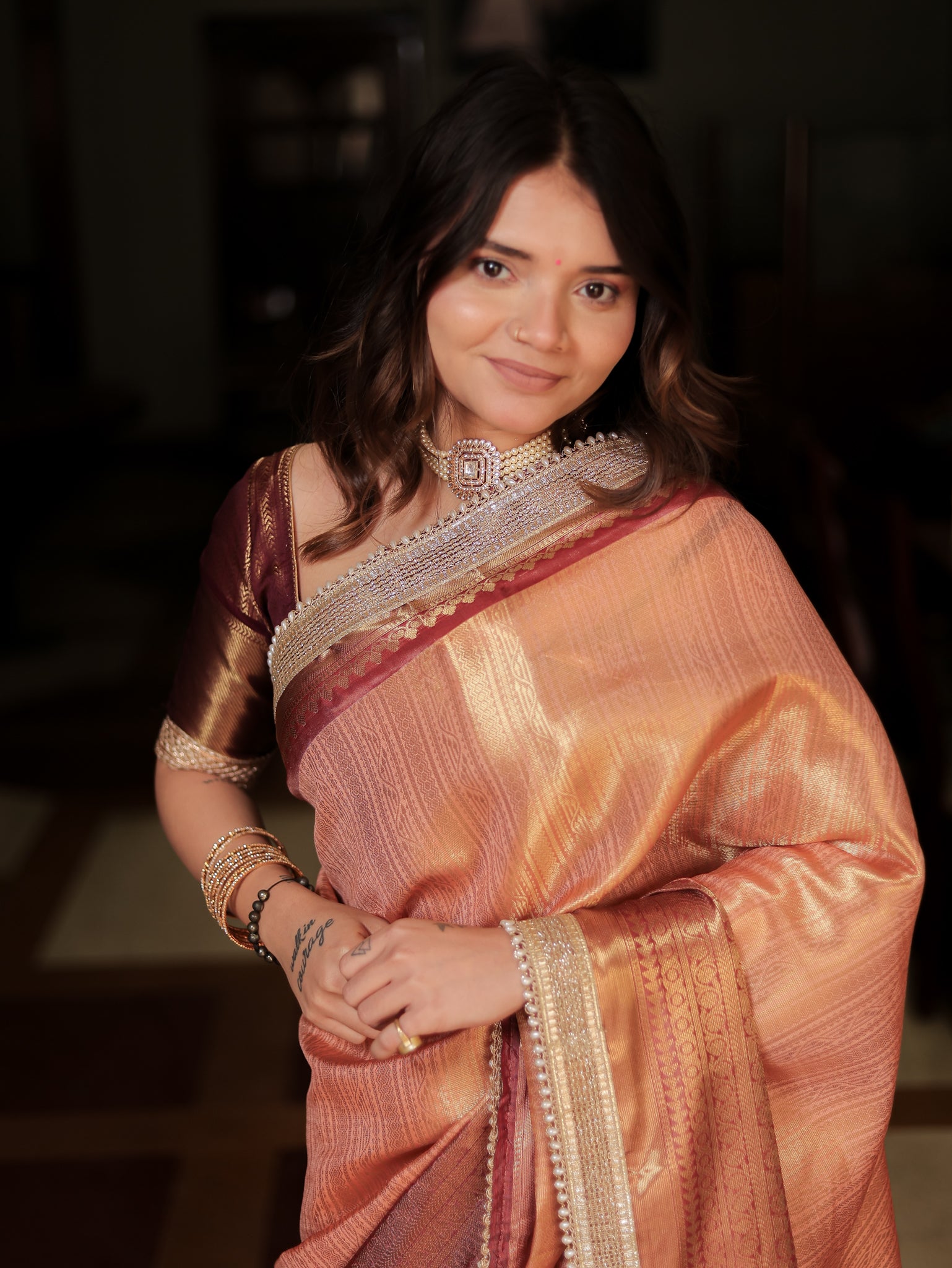 Banarasi Tissue Saree With Weaving & Lace Border- Peach