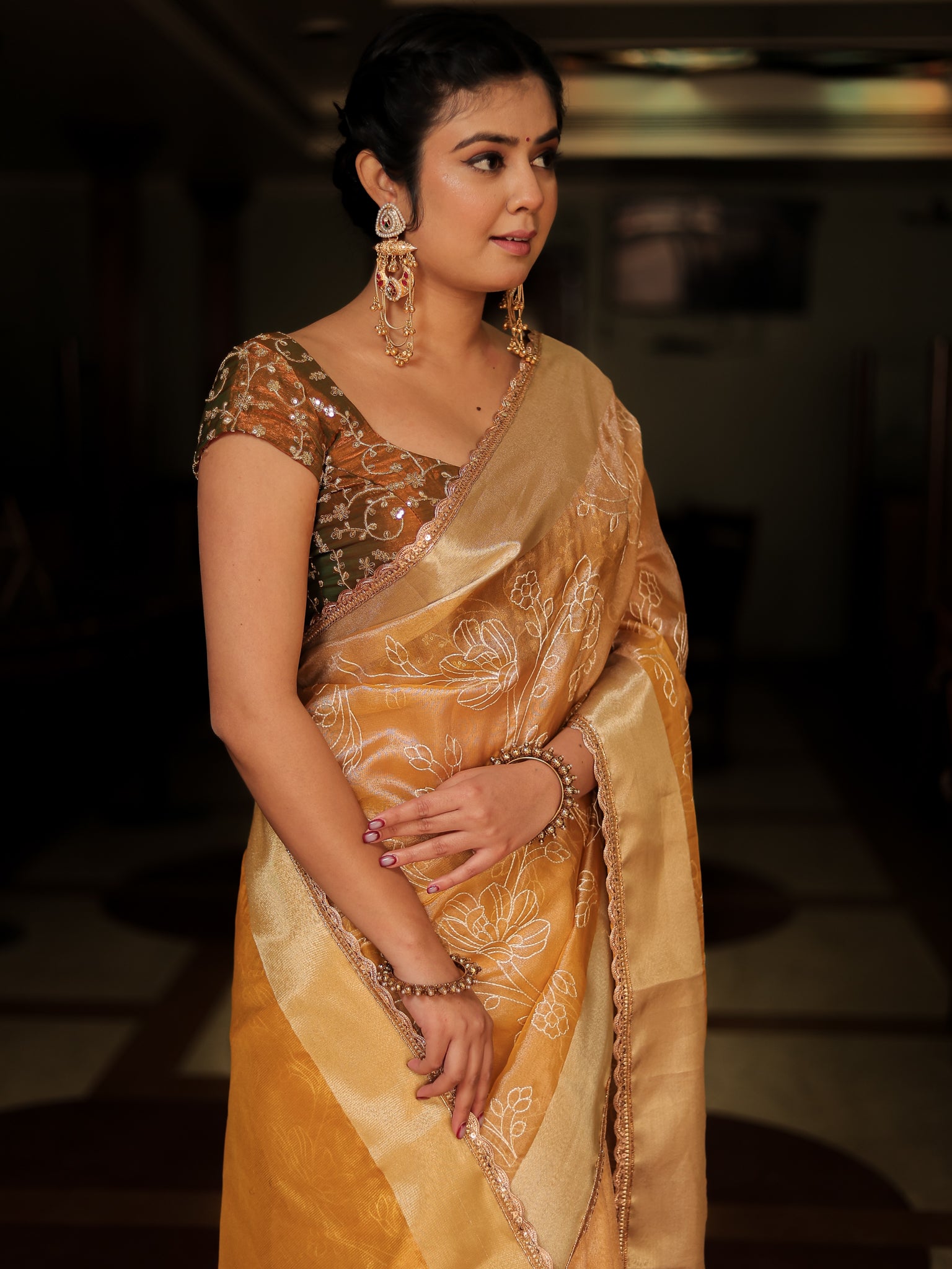 Yellow Embroidered Banarasi Tissue Saree with Weaving & Lace Border