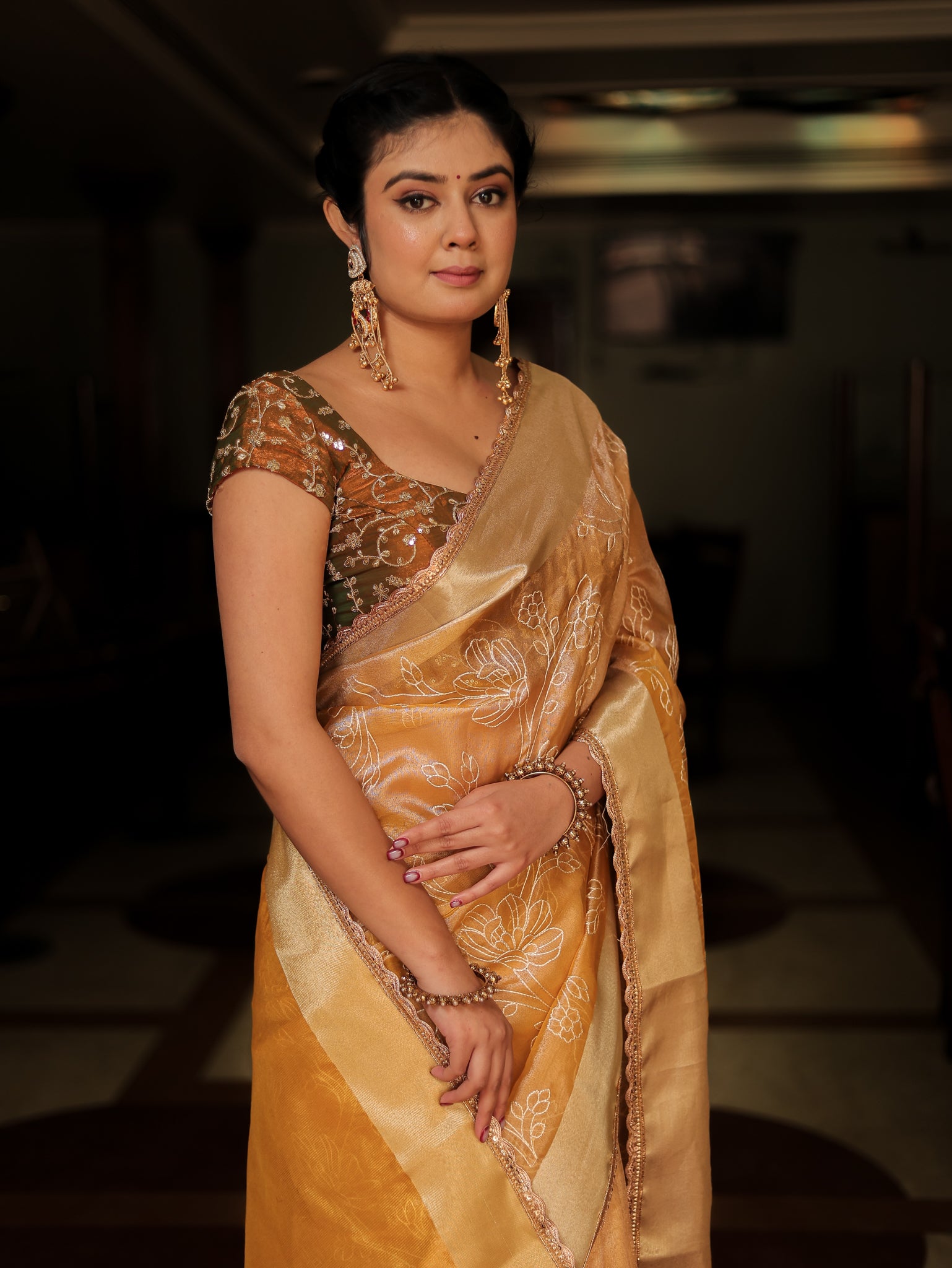 Yellow Embroidered Banarasi Tissue Saree with Weaving & Lace Border