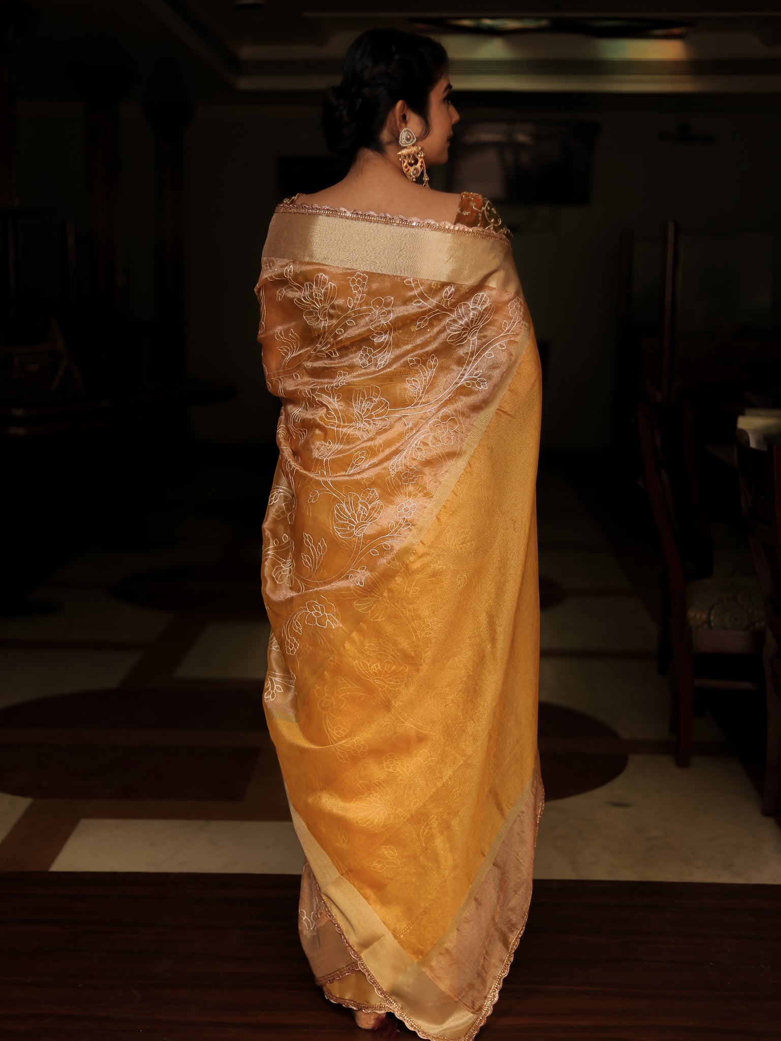 Yellow Embroidered Banarasi Tissue Saree with Weaving & Lace Border