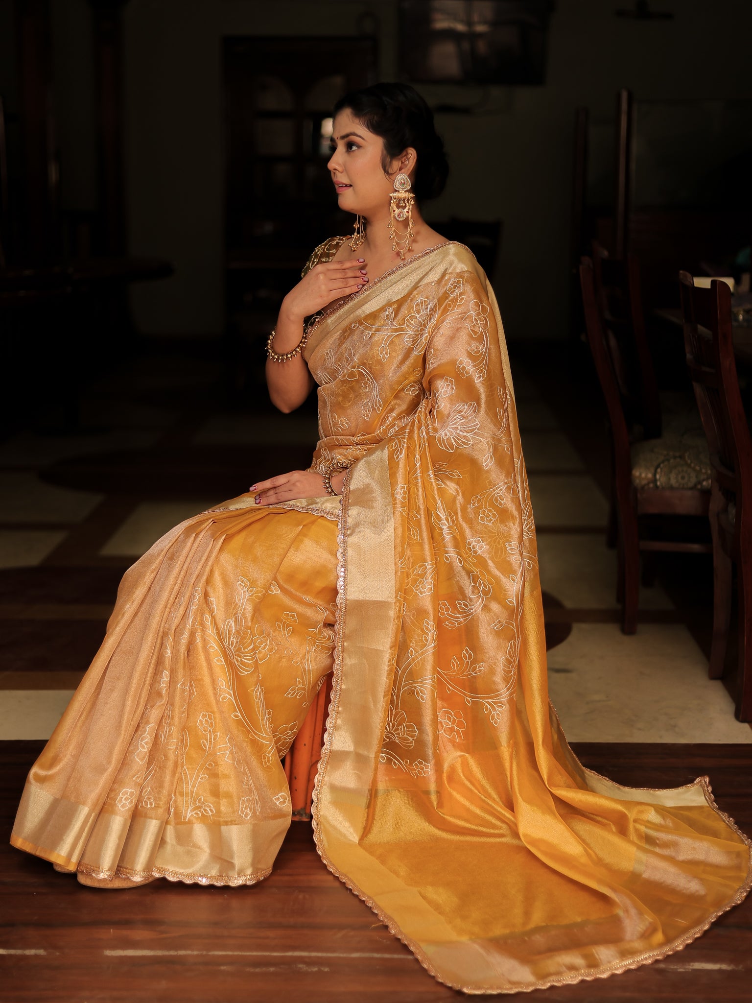 Yellow Embroidered Banarasi Tissue Saree with Weaving & Lace Border