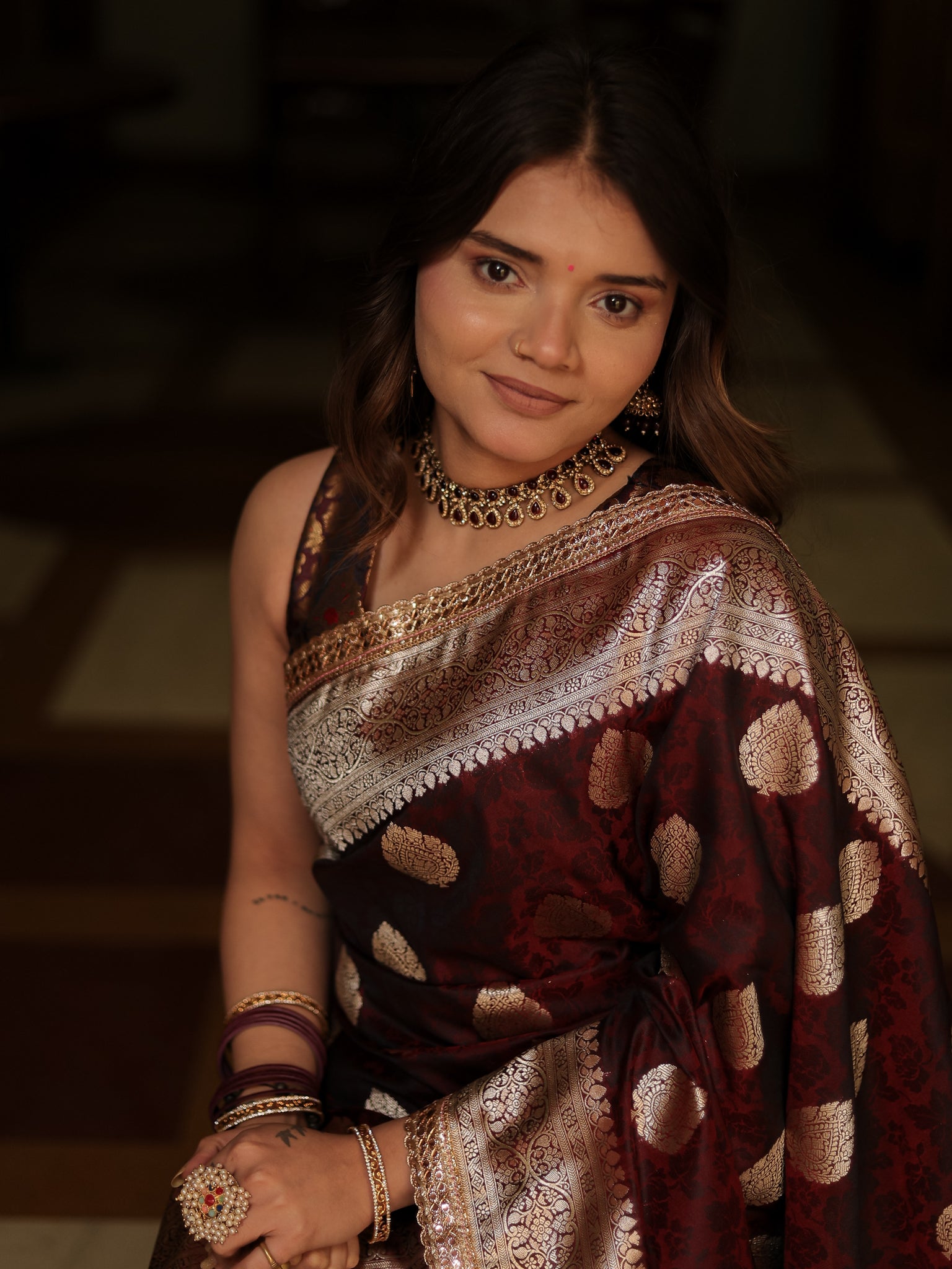 Wine Art Katan Silk Banarasi Saree with Zari Buta & Tanchoi Lace Border