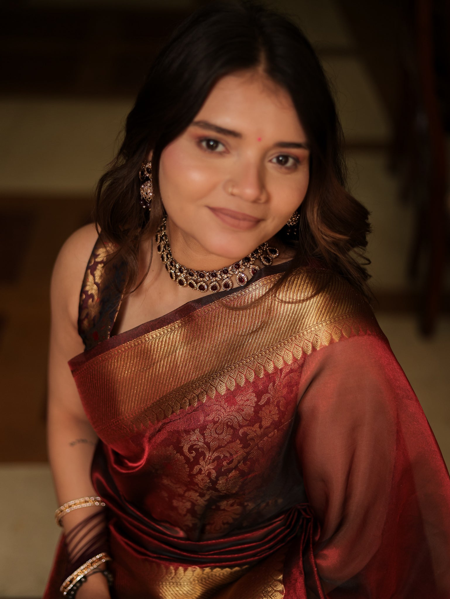 Banarasi Plain Tissue Saree With Zari Border- Brown