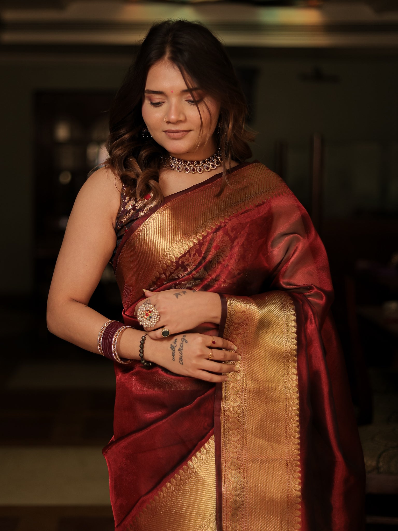 Banarasi Plain Tissue Saree With Zari Border- Brown