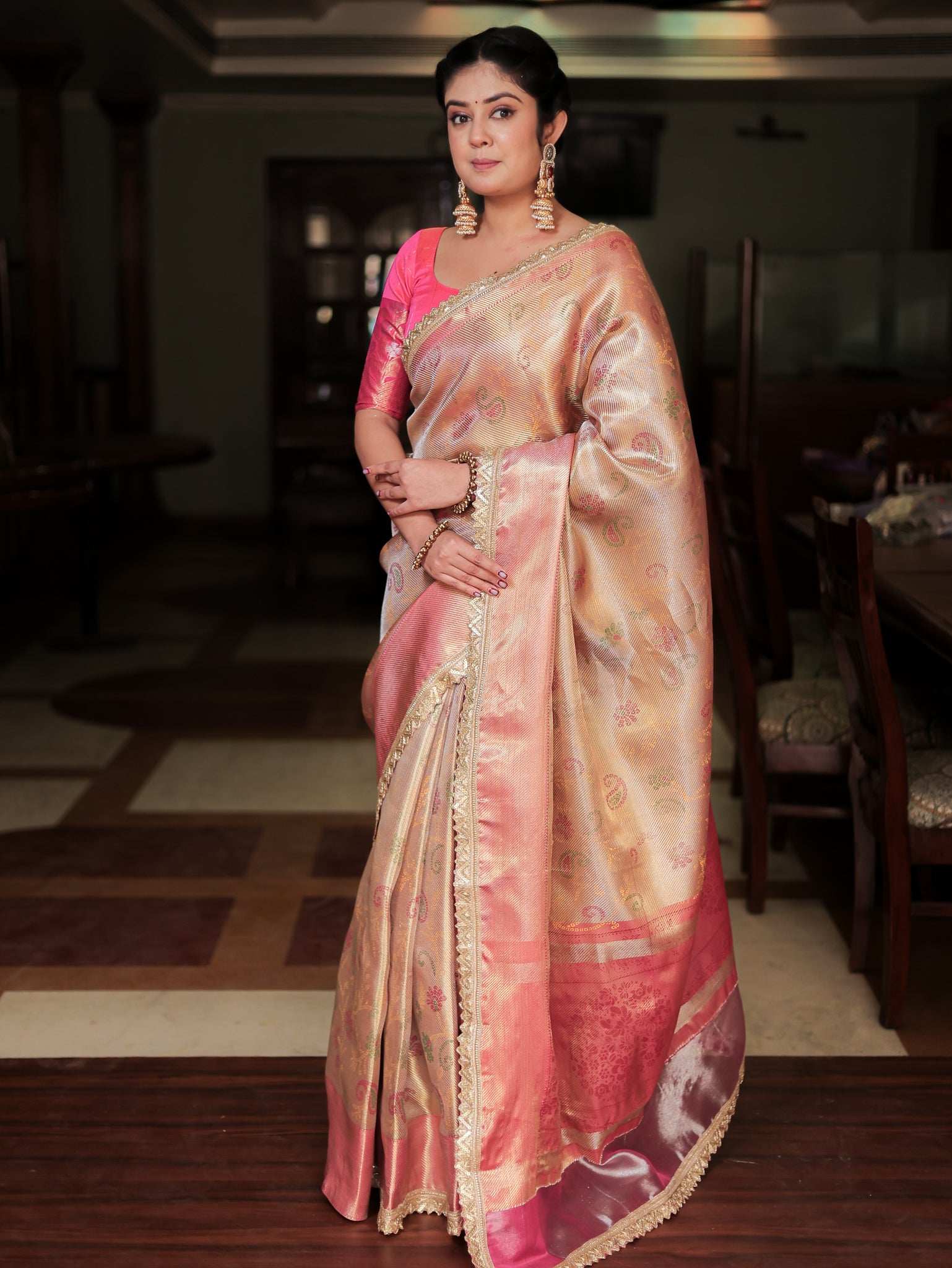 Banarasi Tissue Saree With Weaving & Lace Border- Silver