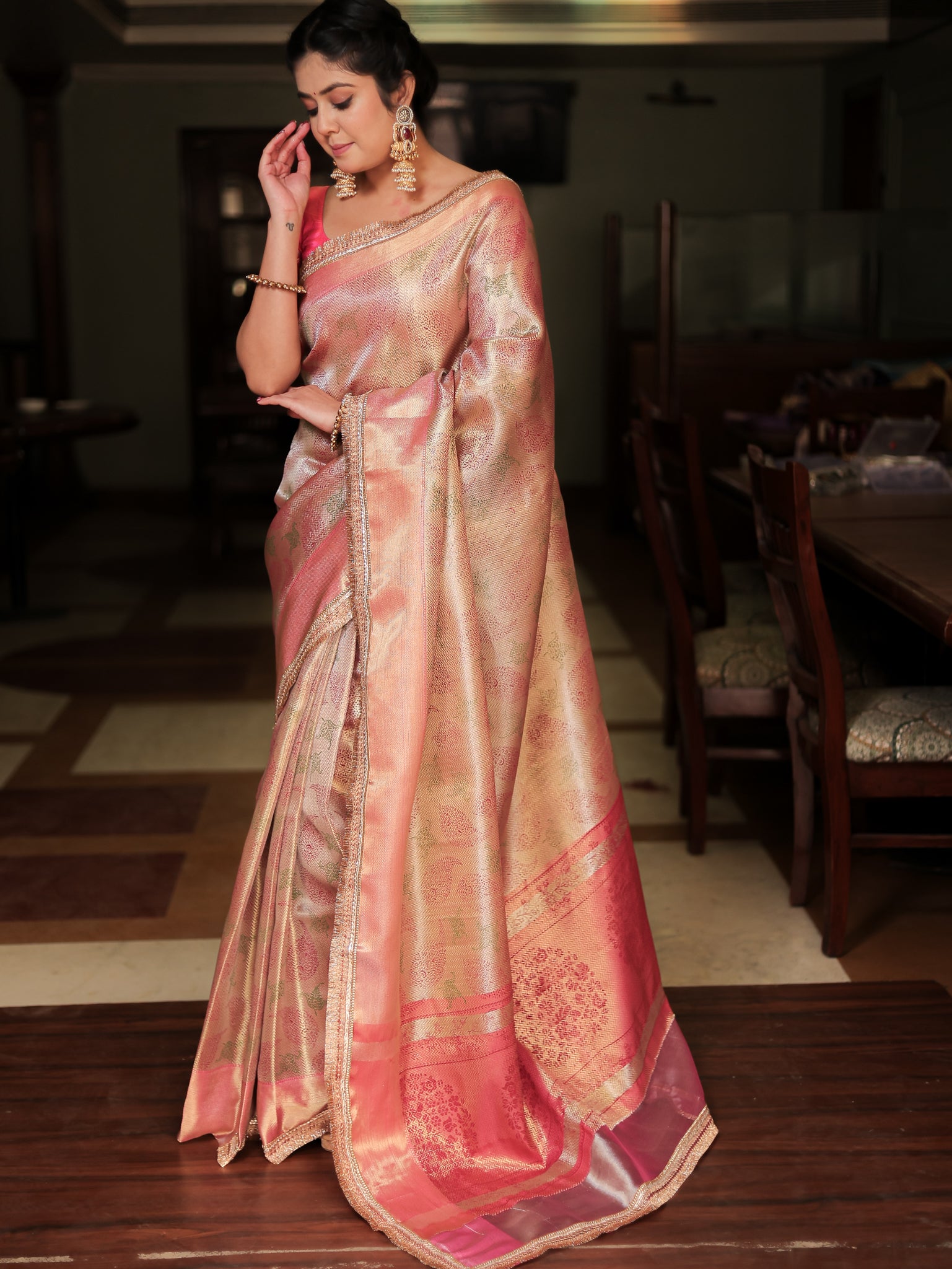 Banarasi Tissue Saree With Weaving & Lace Border- Silver